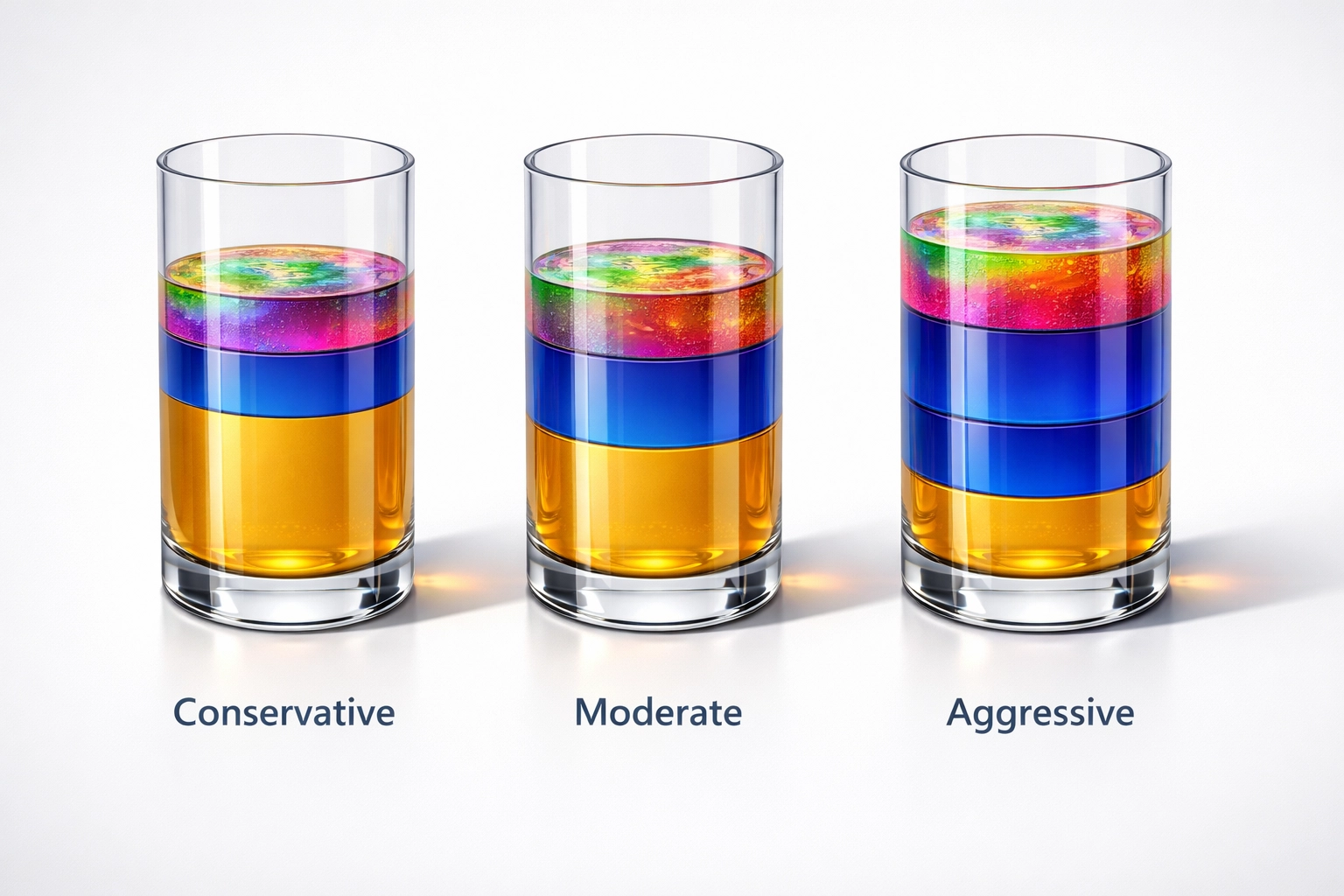 Three crypto allocation models showing Bitcoin, Ethereum, and altcoin distribution levels