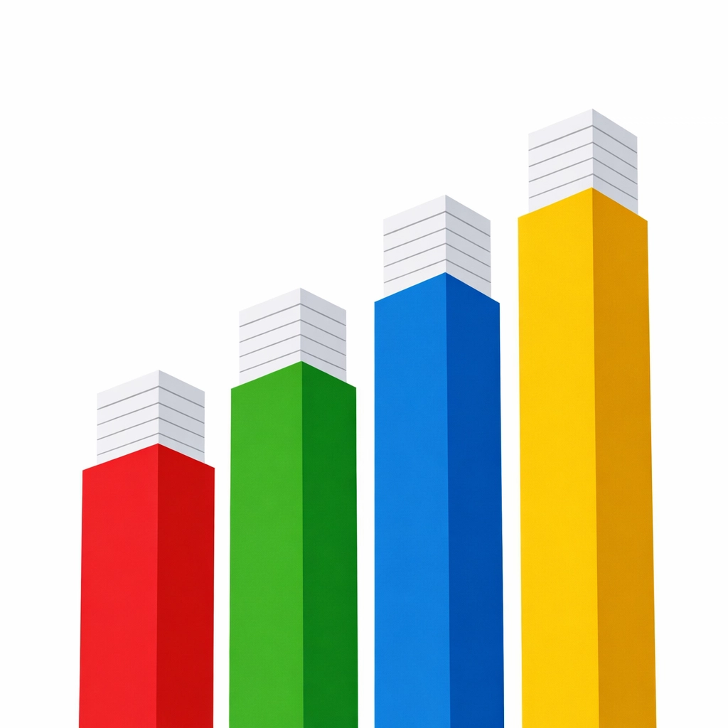 Vertical color-blocked pillars representing batched email responses and organized messaging tasks.