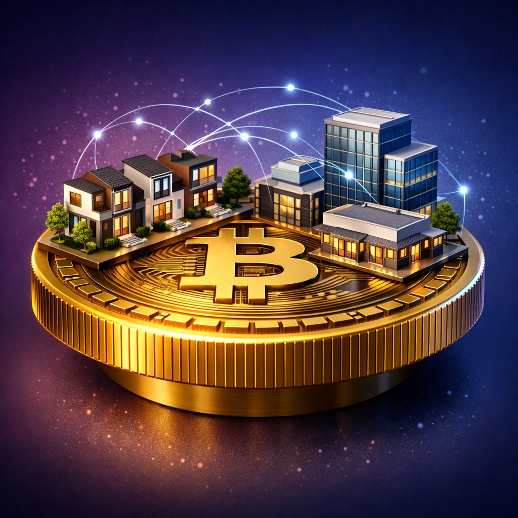 Bitcoin coin supporting real estate development illustrating crypto collateral strategy