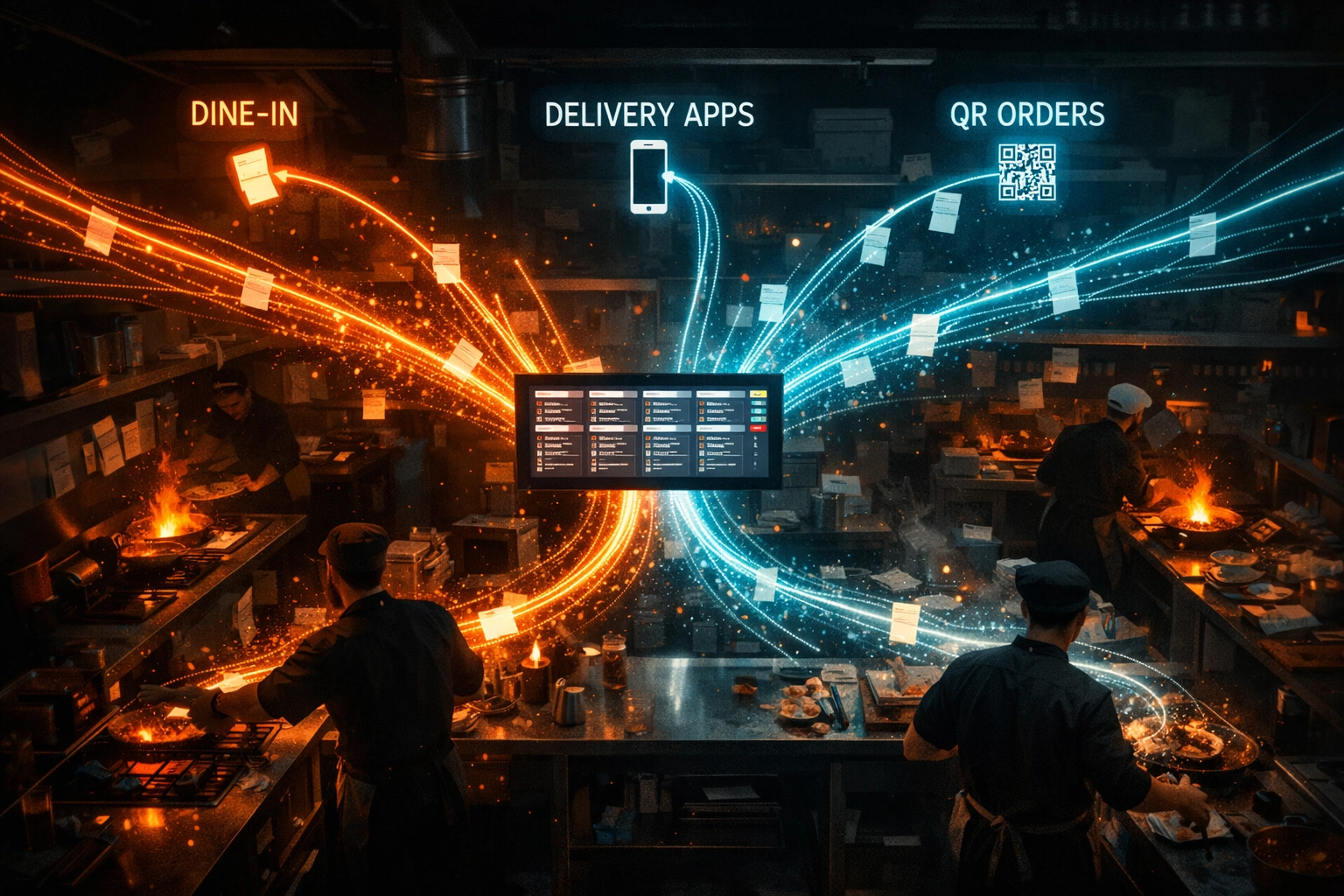 Omnichannel kitchen display integrating dine-in, delivery app, and QR code orders