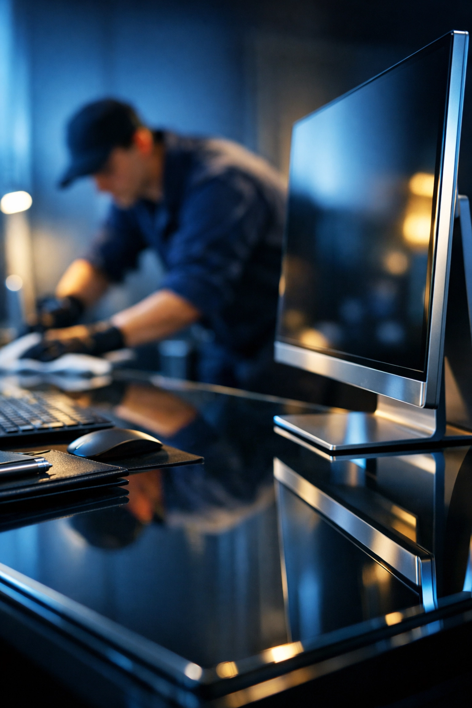 Sanitized office workstation in Acton featuring a spotless glass desk and eco-friendly cleaning results.