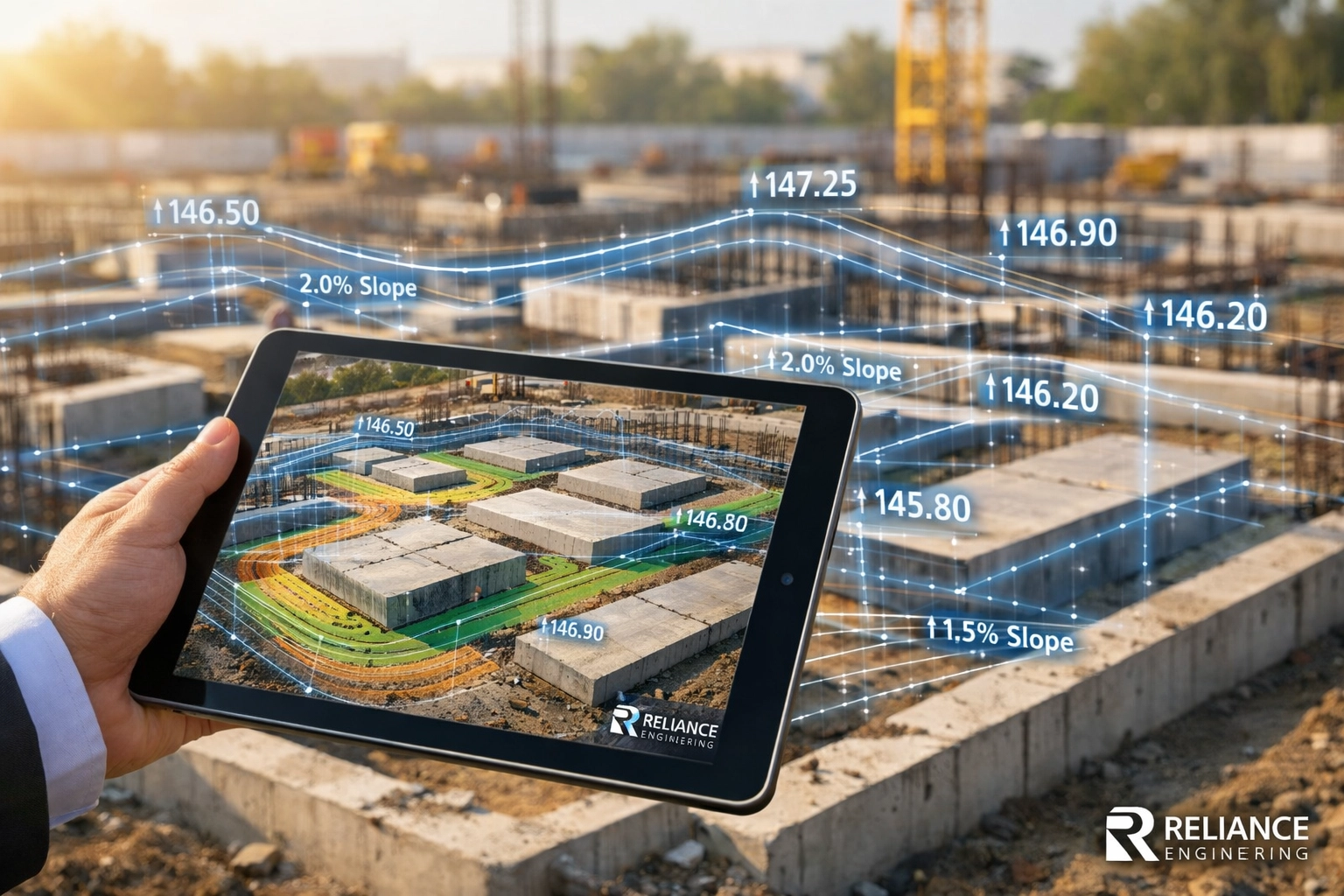 Engineer comparing a digital site grading plan with onsite construction foundations for permit accuracy.