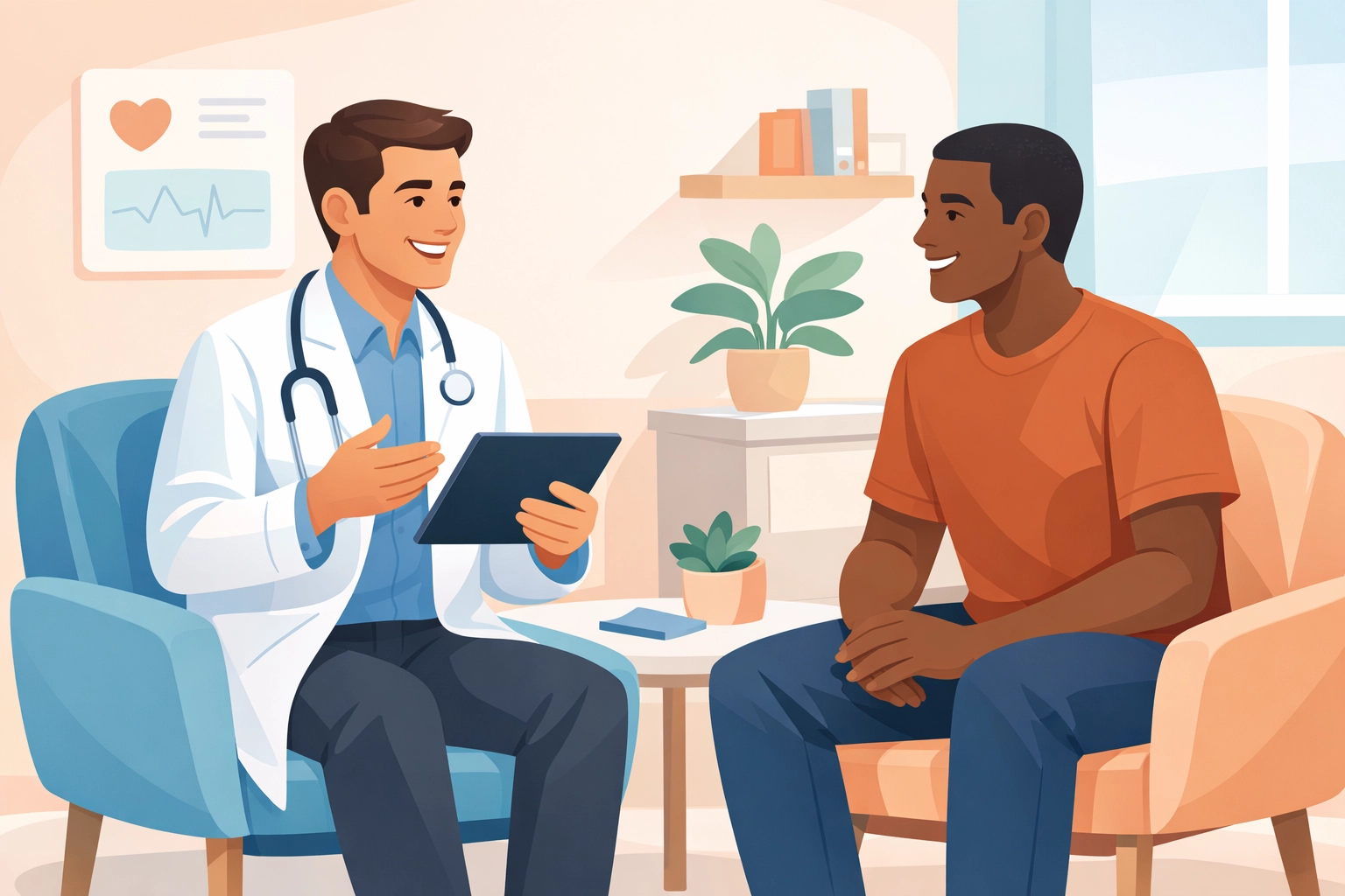 A doctor and patient having a calm conversation during a private GP consultation.