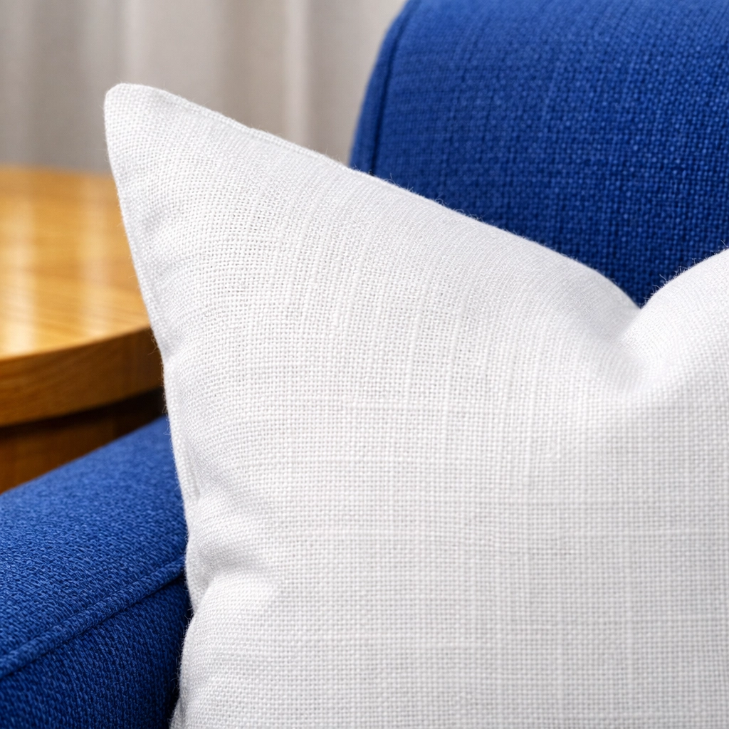 Clean white linen pillow on a blue armchair showing professional showroom upholstery maintenance.
