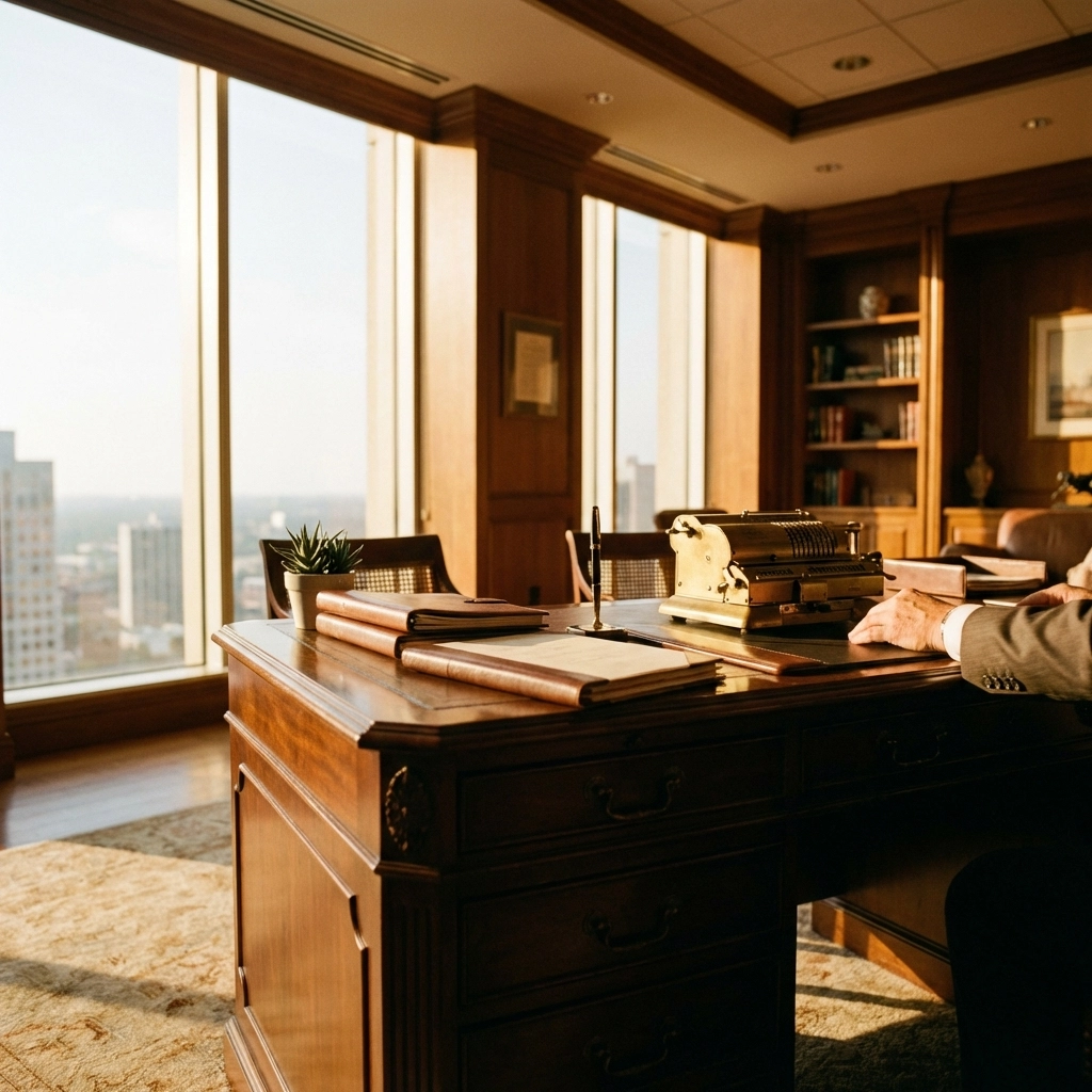Mahogany desk with financial documents and city view symbolizes strategic tax planning and wealth management for accredited investors.