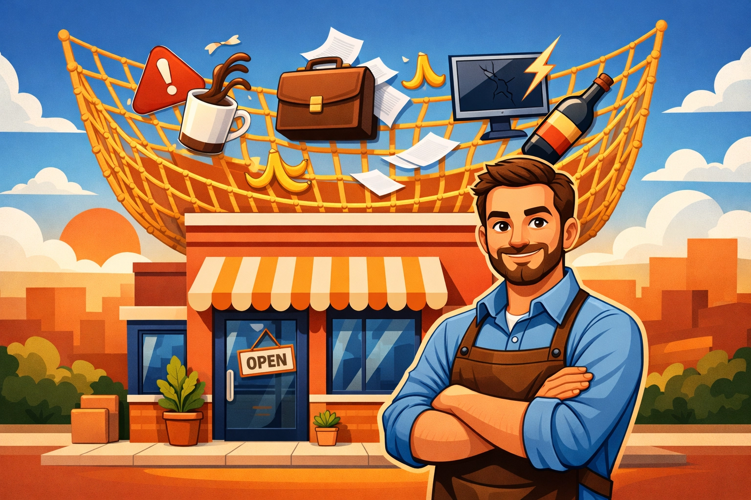 A Texas shop owner in front of a storefront with a safety net for small business liability protection.