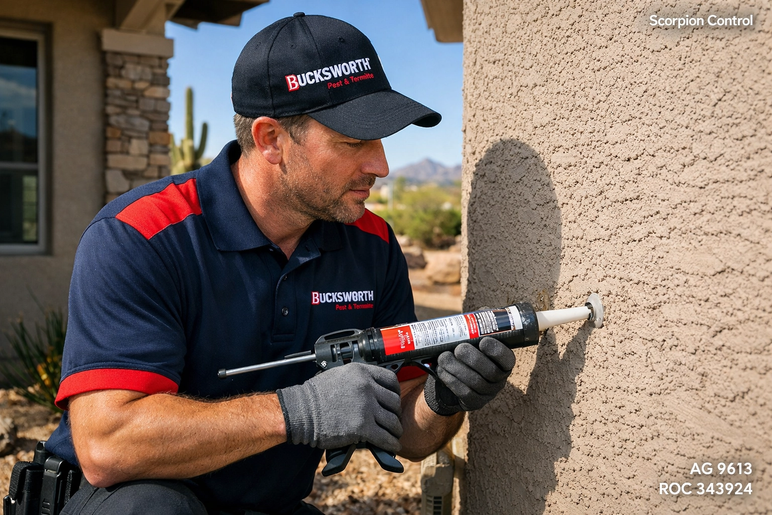Bucksworth technician sealing a plumbing gap to prevent scorpions in a Scottsdale Grayhawk home.