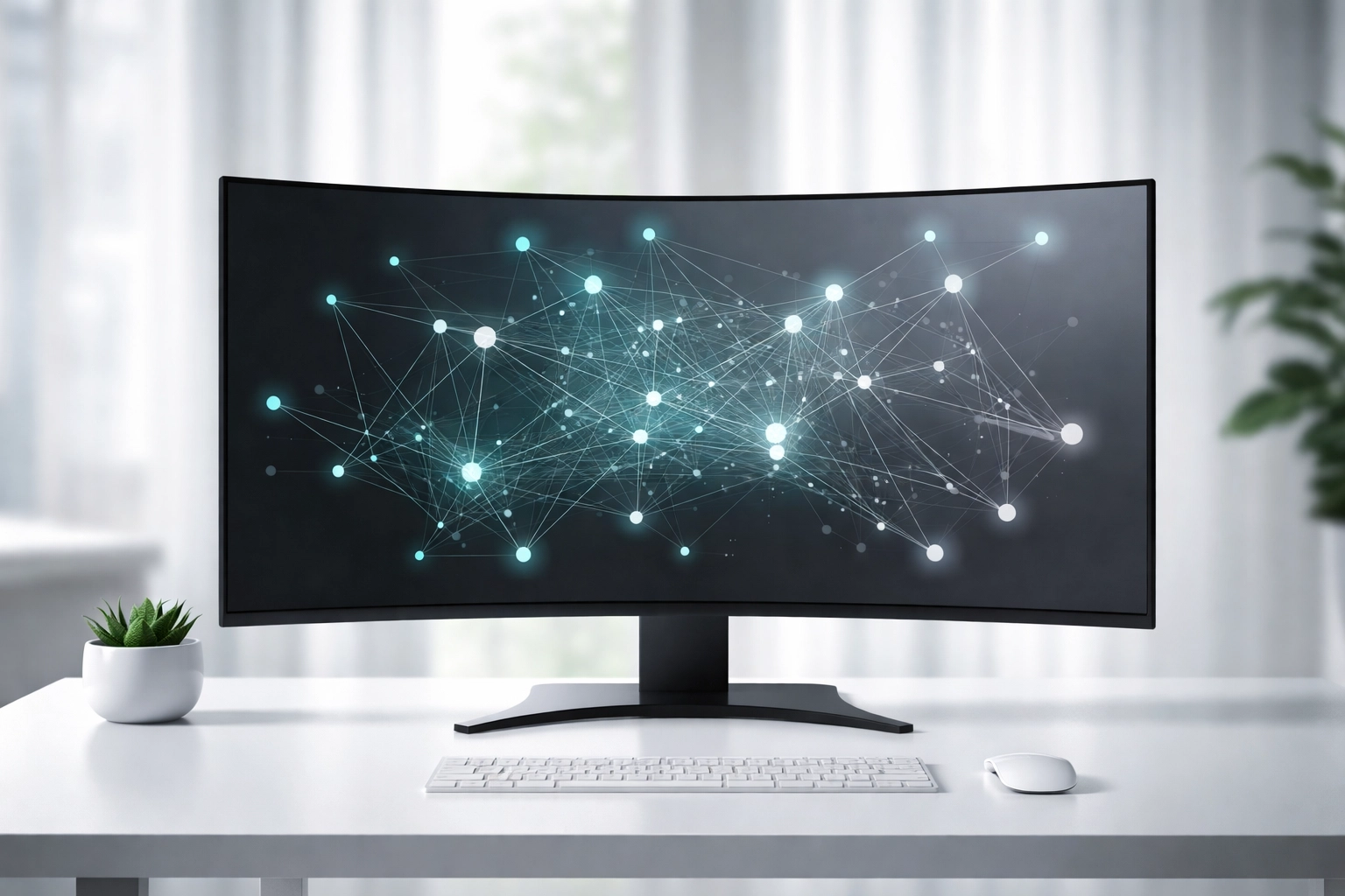 Network visualization on a curved monitor in an office, representing entity association and brand visibility in LLM platforms.