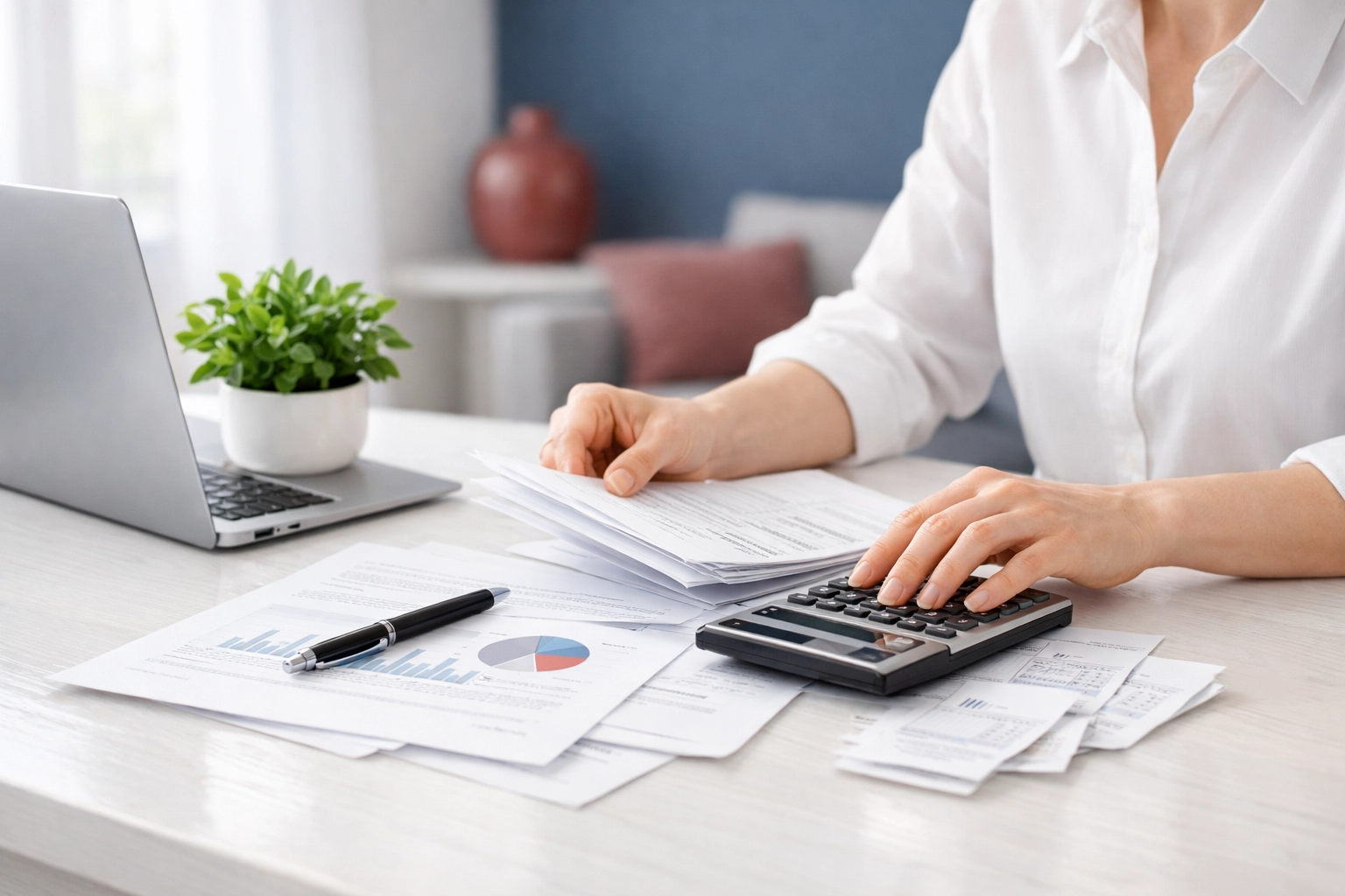 Person organizing financial documents to improve credit utilization and manage credit repair effectively.