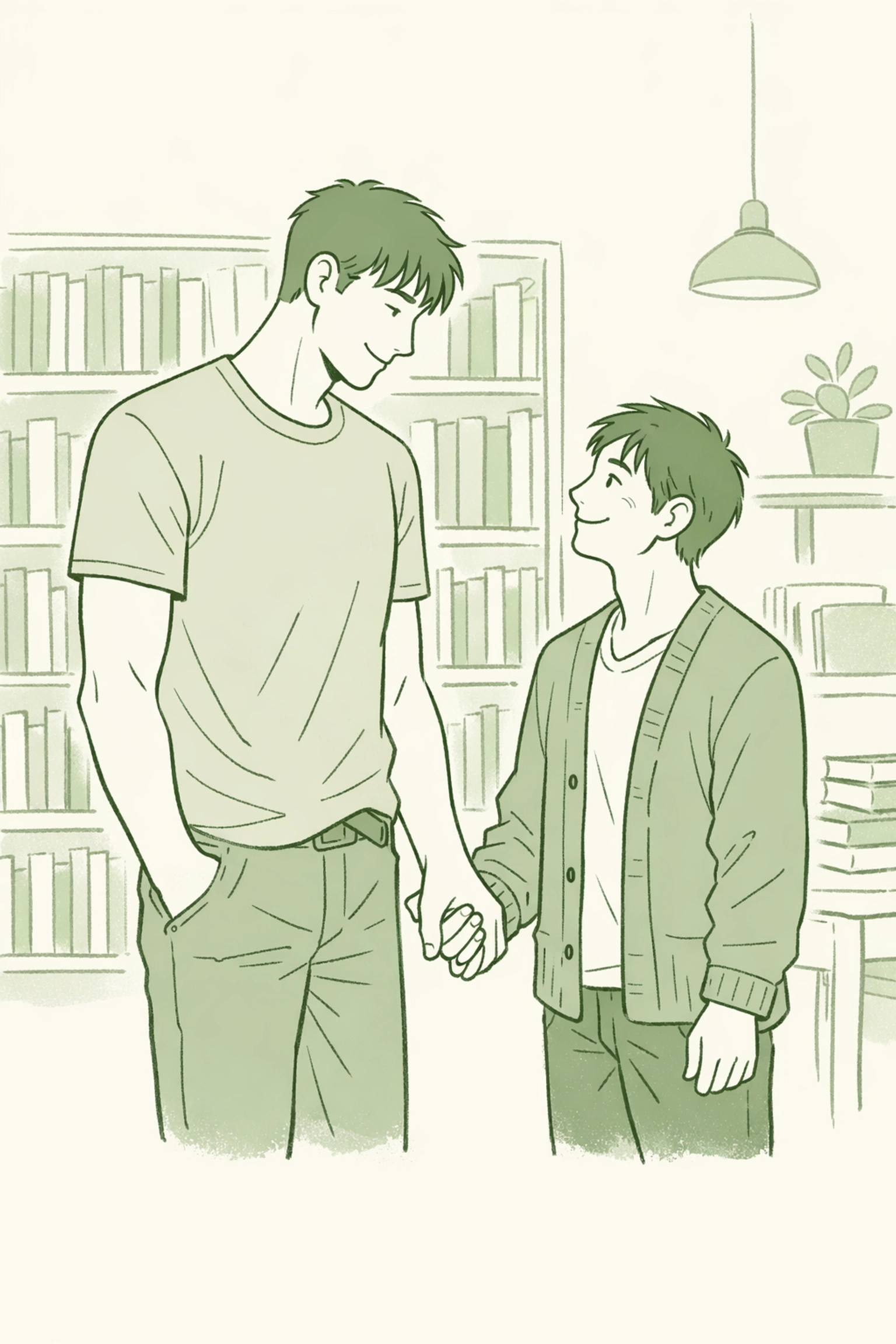 Size difference MM couple holding hands in bookstore - gay romance illustration