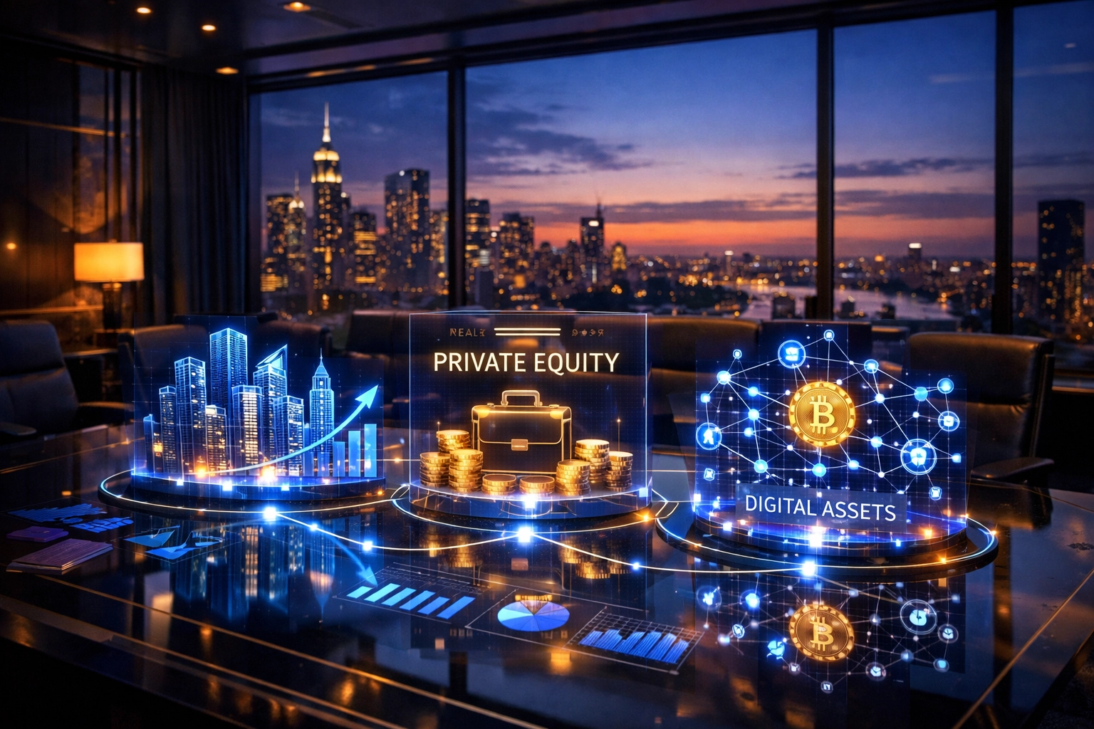 Institutional alternative investment portfolio displaying private equity, real estate, and digital assets