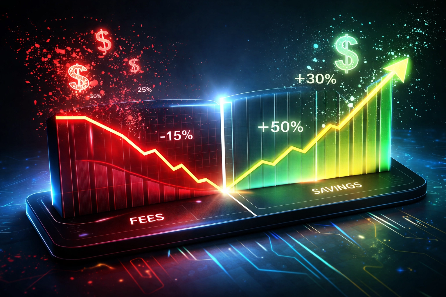A futuristic dashboard displaying reduced processing fees and increased savings for businesses using Larecoin LUSD stablecoin.