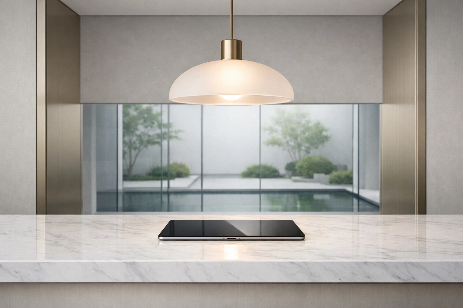 A sleek tablet on a marble surface in a modern hotel office representing a unified tech ecosystem.