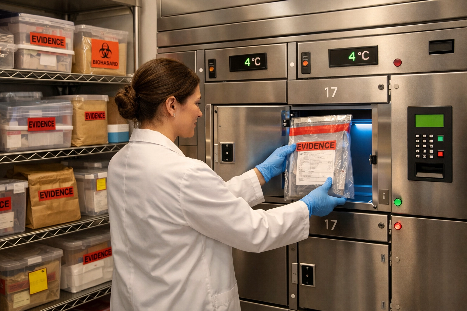 Forensic technician storing evidence in temperature-controlled laboratory facility