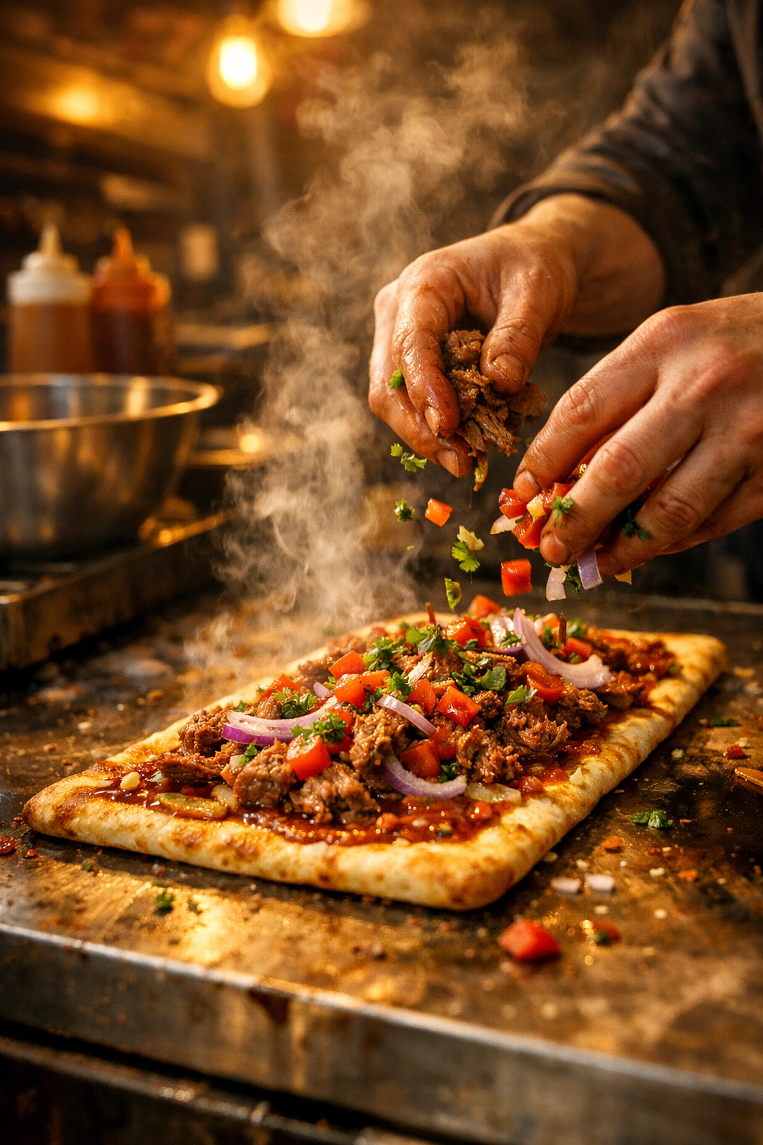 Fresh BBQ flatbread being prepared on food truck with smoked meat and toppings