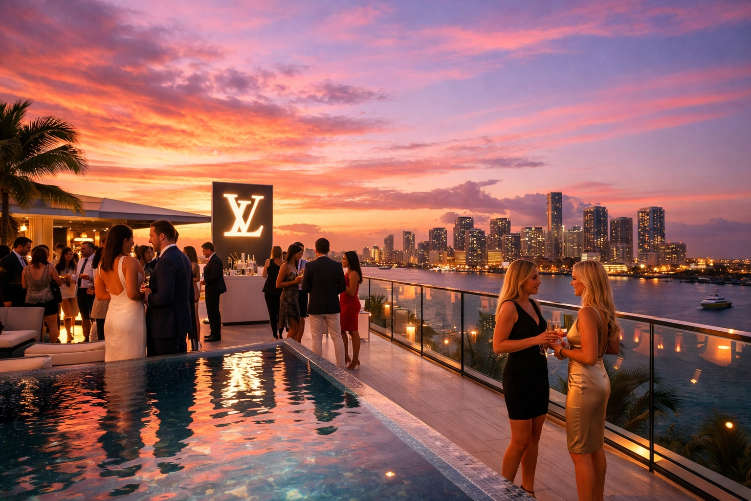Miami event photography of a luxury brand launch on a South Beach rooftop during the magic hour.