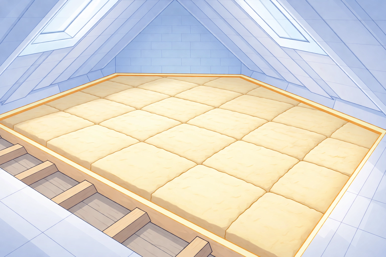 Bird's-eye view of a loft fully covered with new 270mm Rockwool insulation for energy efficiency