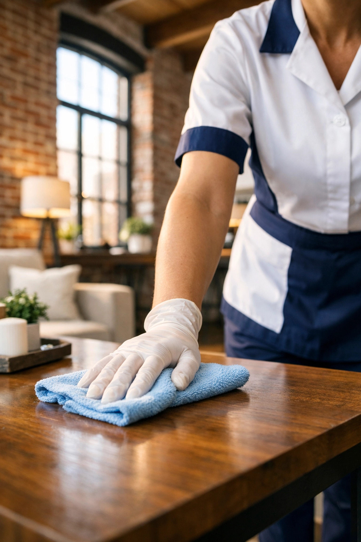 Professional house cleaning Lowell MA expert dusting a historic mill apartment with exposed brick.