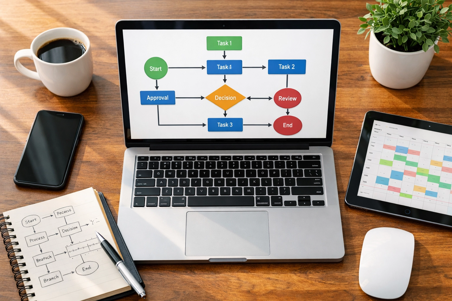 Modern workspace planning AI automation strategy with workflow diagrams and business tools