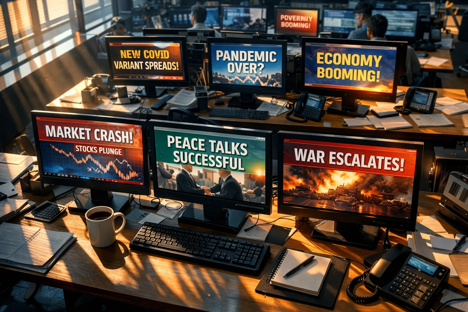 Newsroom monitors displaying multiple breaking news stories showing rapid information changes