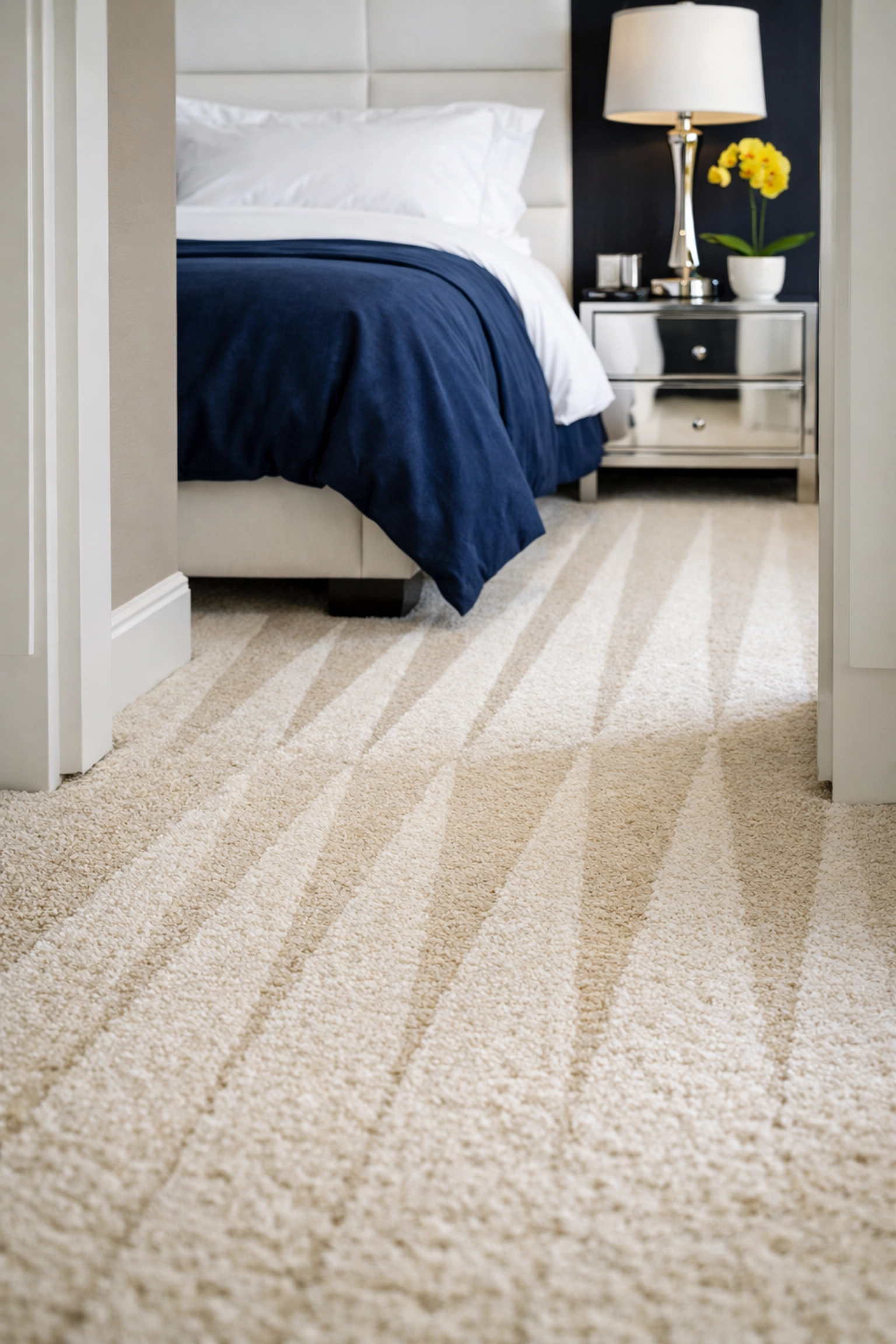 Sharp vacuum lines on a bedroom carpet illustrating precise residential cleaning Brookfield MA results.