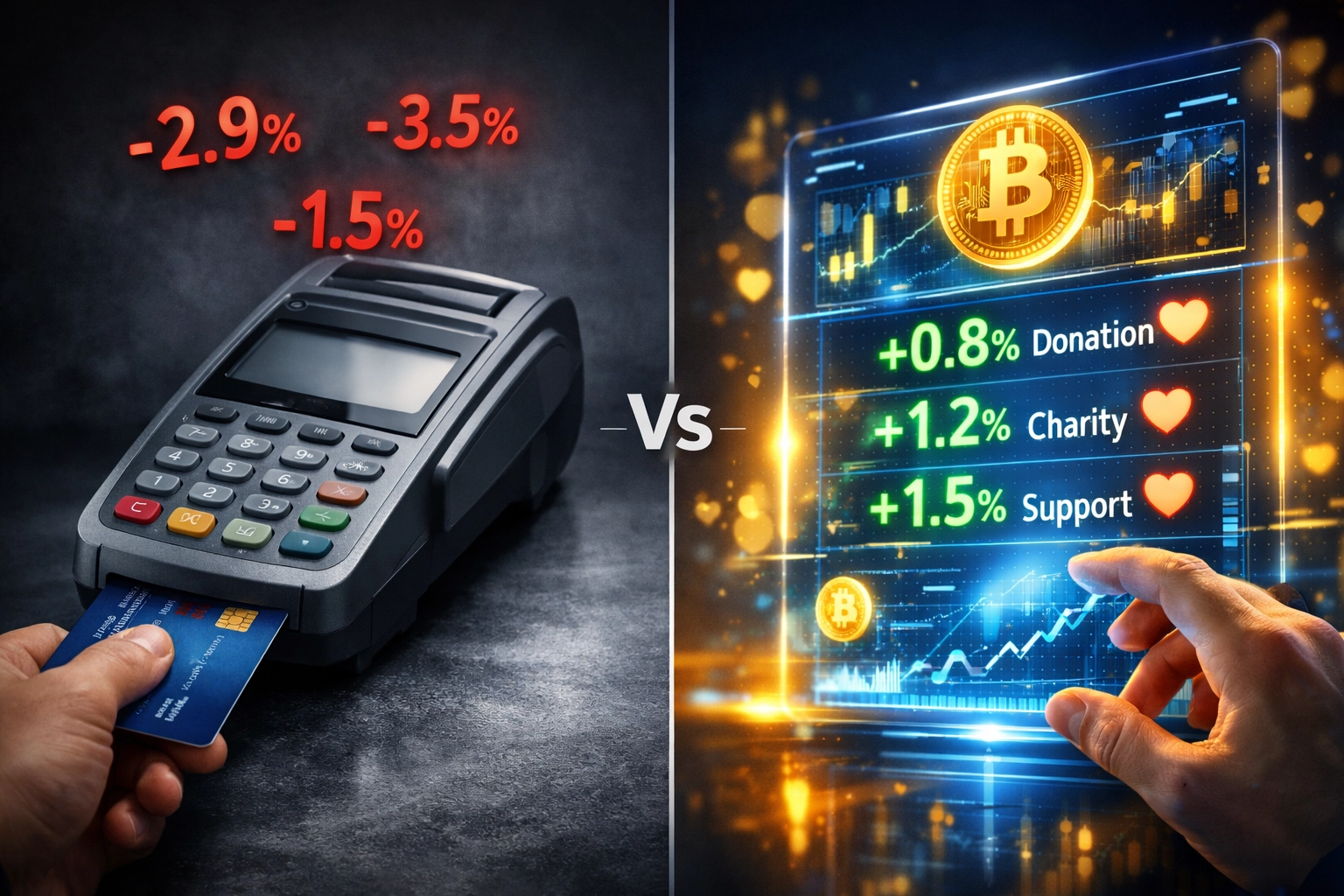 Traditional payment fees versus crypto payment charity allocation comparison showing cost savings