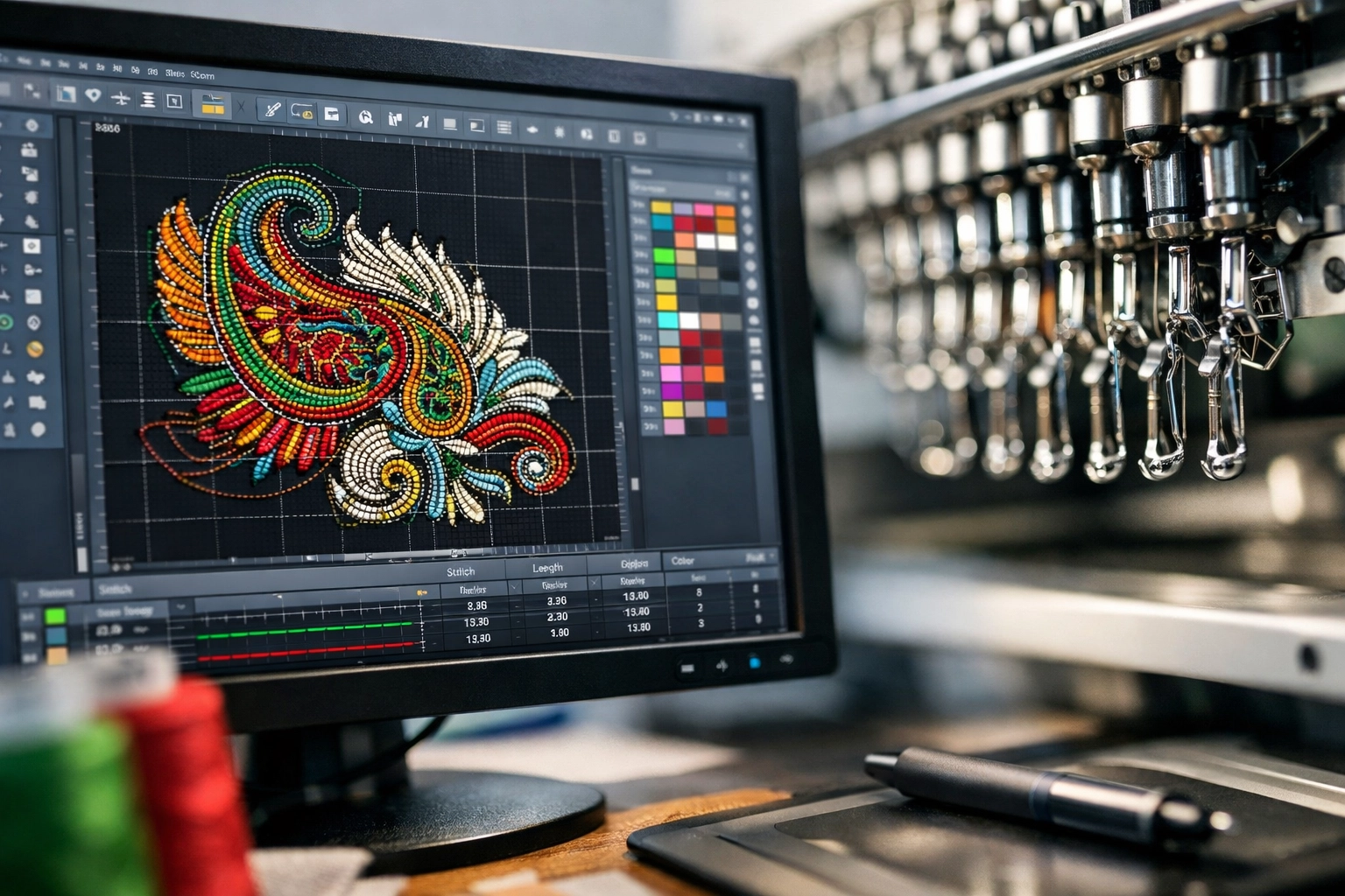 Professional in-house logo digitizing software used for precision custom embroidery near me.