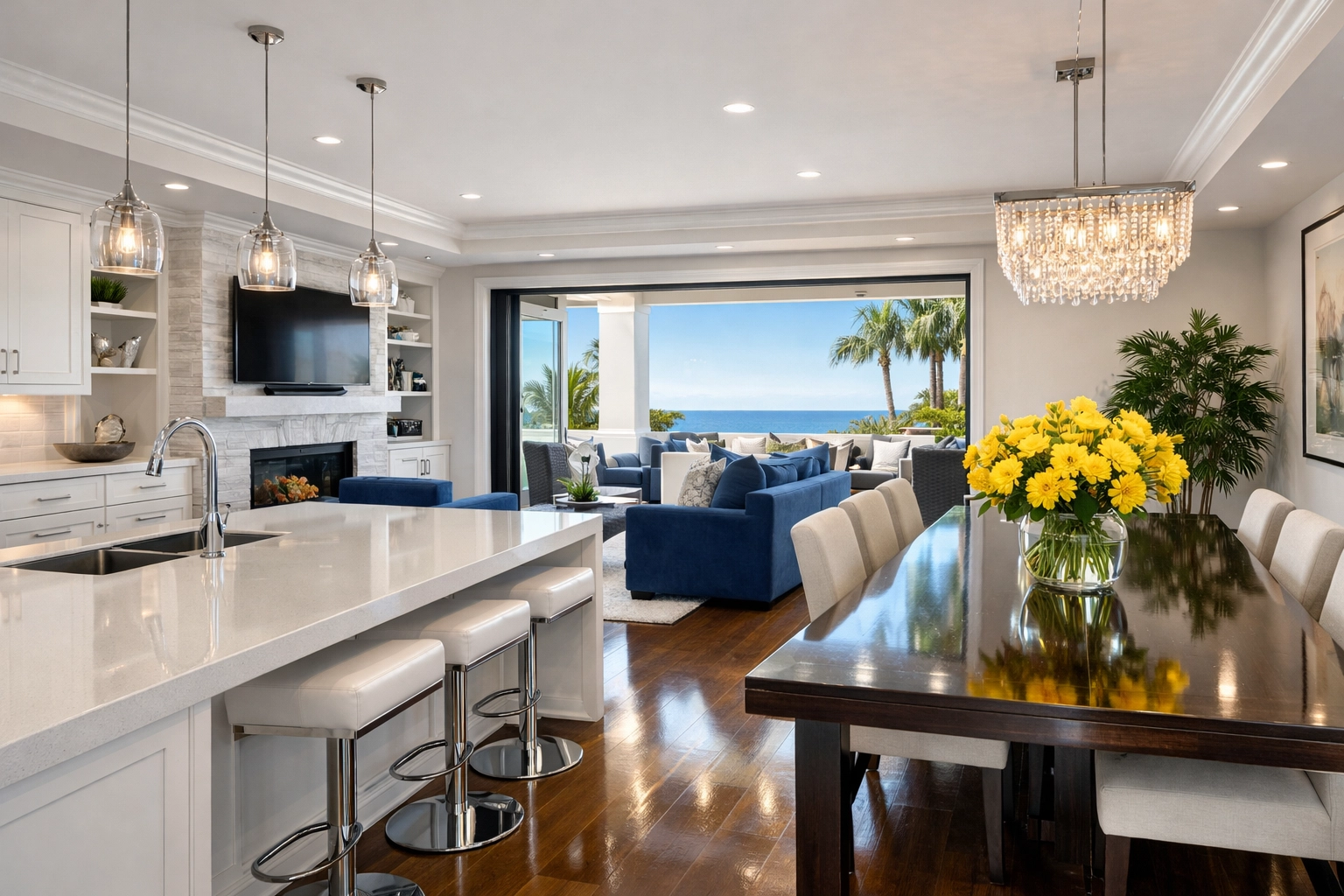 Stunning, spotless open-concept living room after high-end house cleaning in Worcester MA.