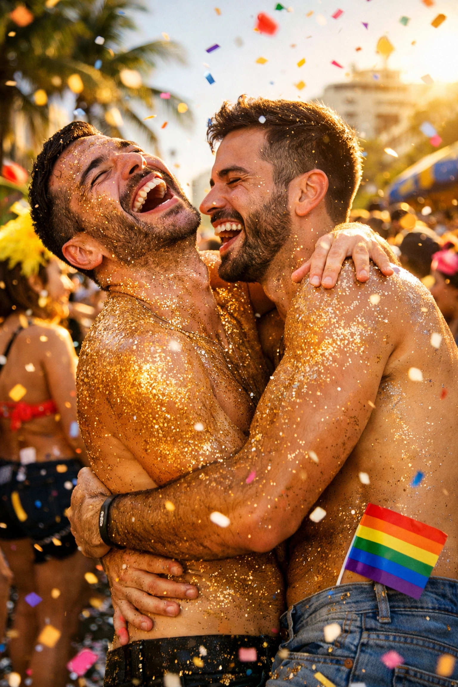 A happy gay couple covered in glitter dancing at a vibrant Rio de Janeiro street party bloco.