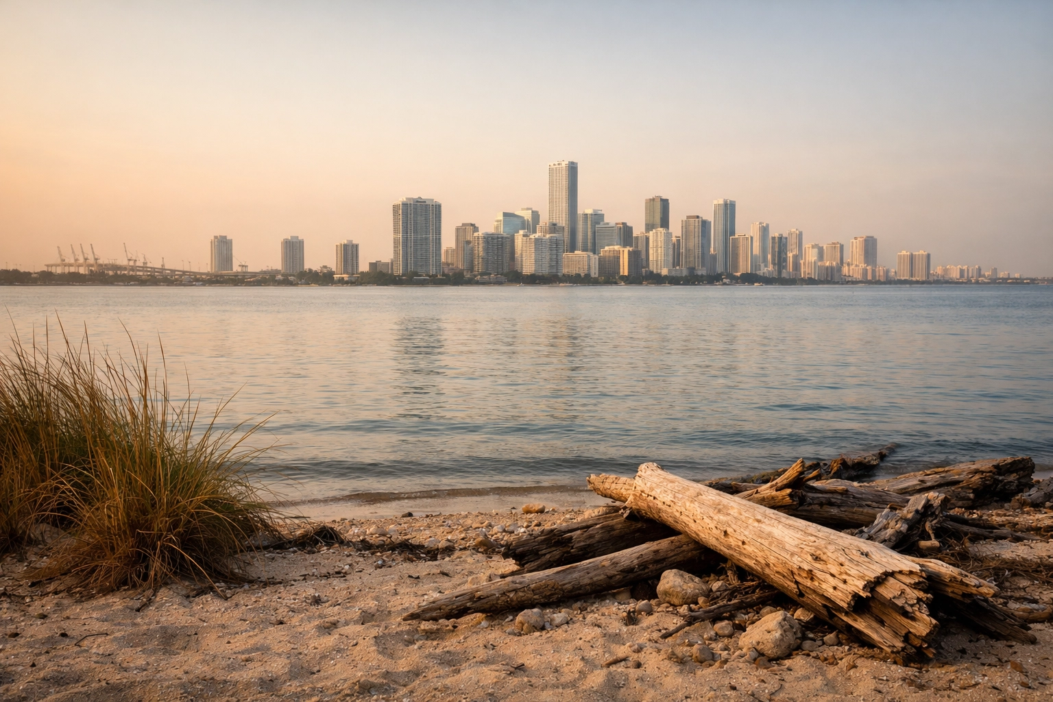 View of the Miami skyline from the quiet beach at Virginia Key, a hidden spot for scenic city photography.