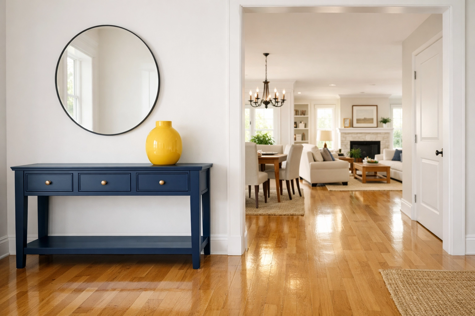 Clutter-free home entryway with buffed wood floors after a top-tier residential cleaning service.