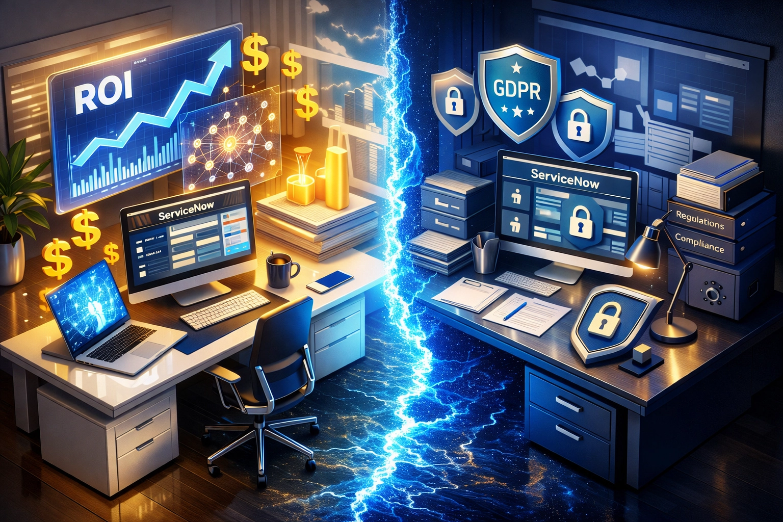 US vs EU ServiceNow implementation workspace comparison showing ROI focus versus GDPR compliance priorities