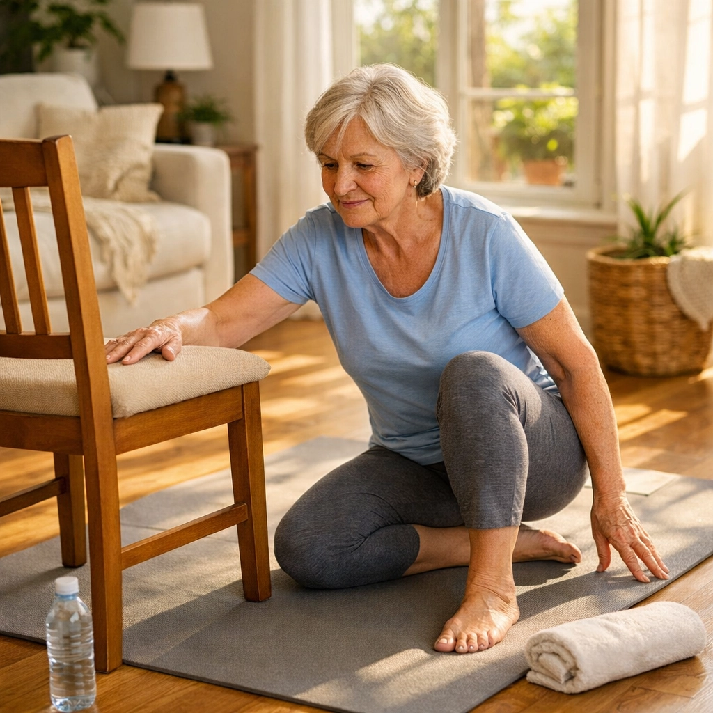 Senior woman practicing fall recovery technique on yoga mat with chair for support