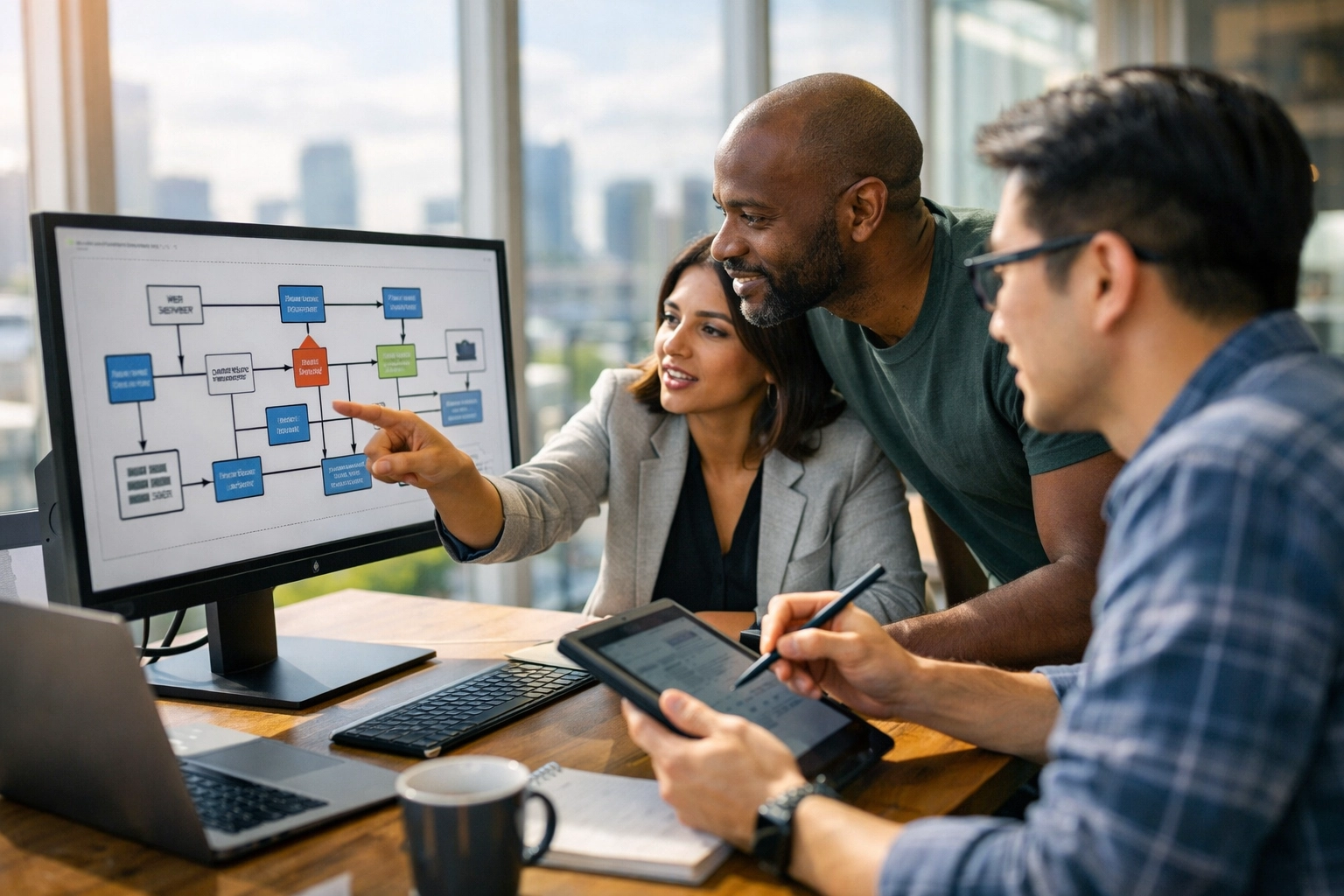 IT professionals collaborating on ServiceNow ITAM and CMDB data flow reconciliation in a modern office.