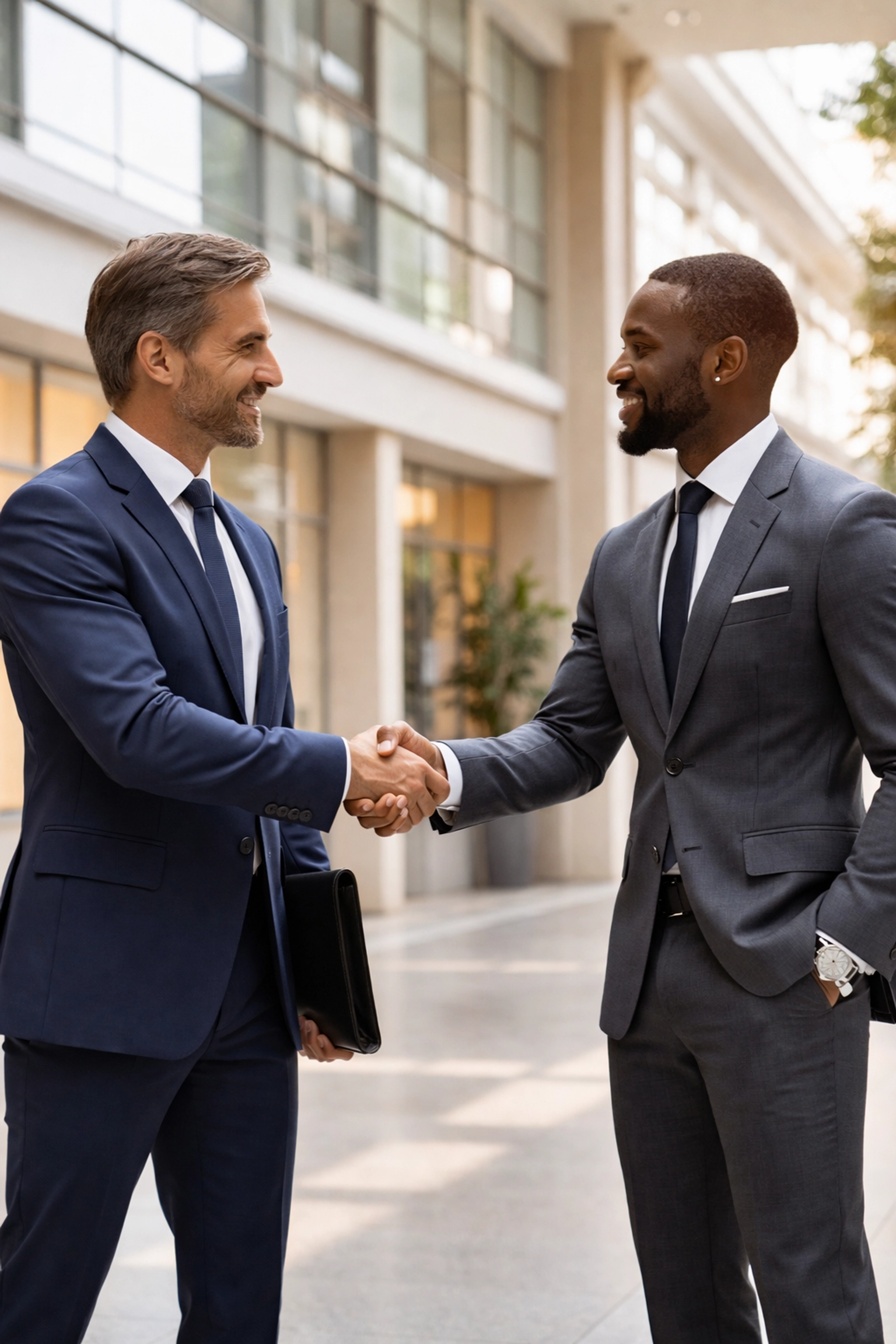 Business professionals in modern office lobby shaking hands, symbolizing long-term partnership success