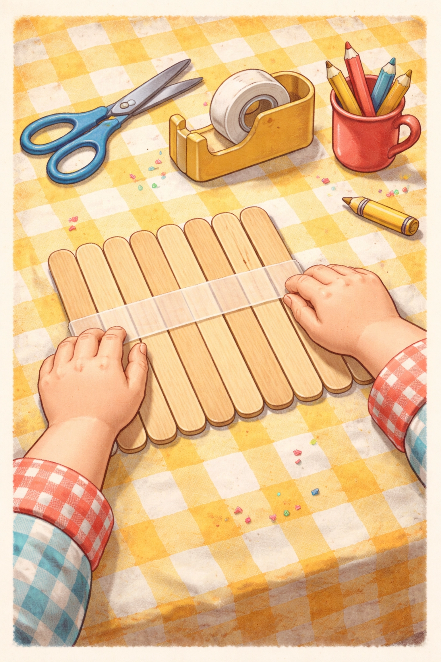 Child taping popsicle sticks together on a checkered tablecloth to start a DIY popsicle stick puzzle project.