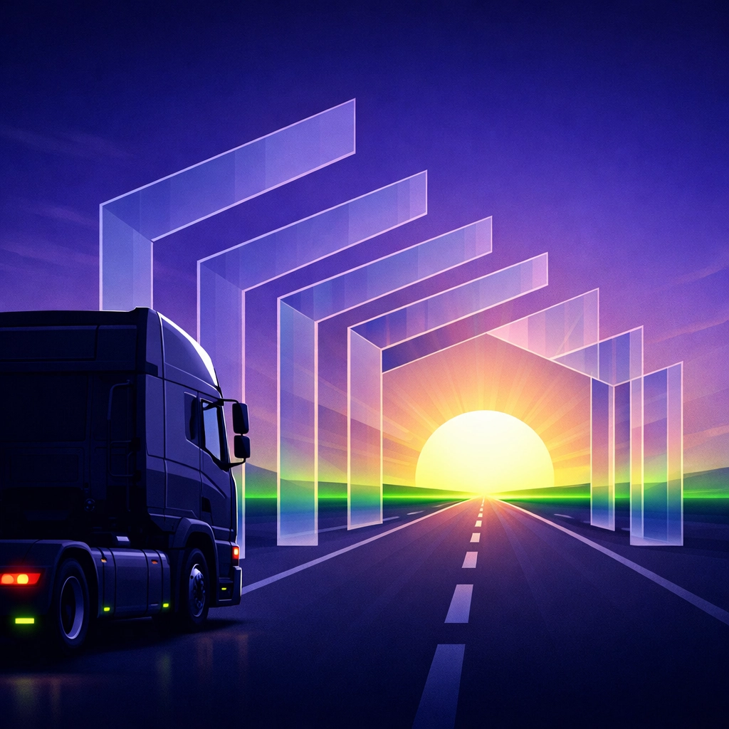 HGV driver recruitment illustration showing a truck clearing hurdles to start a new logistics career.