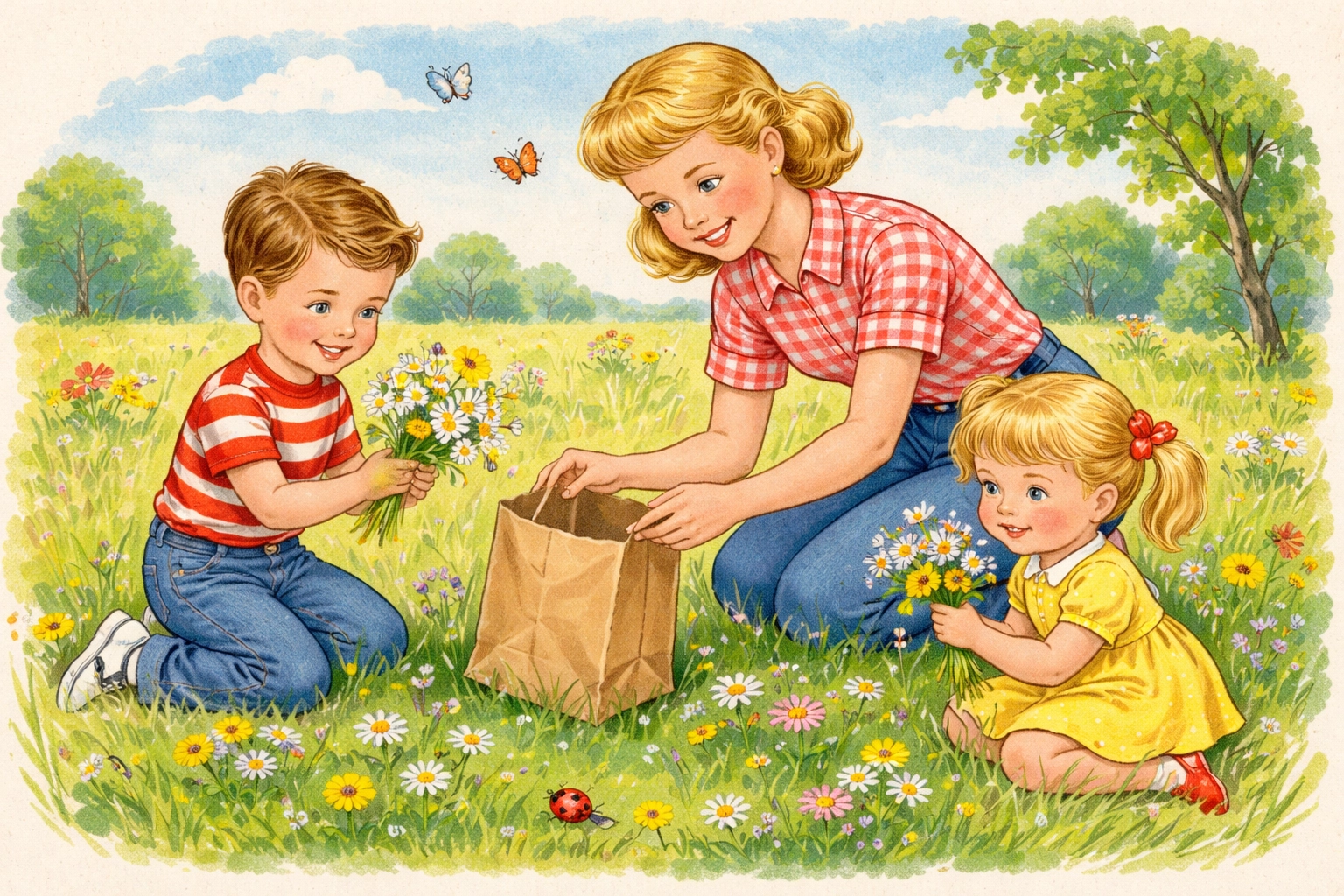 Mother and children picking wildflowers in a sunlit meadow, perfect for family nature art and gardening projects