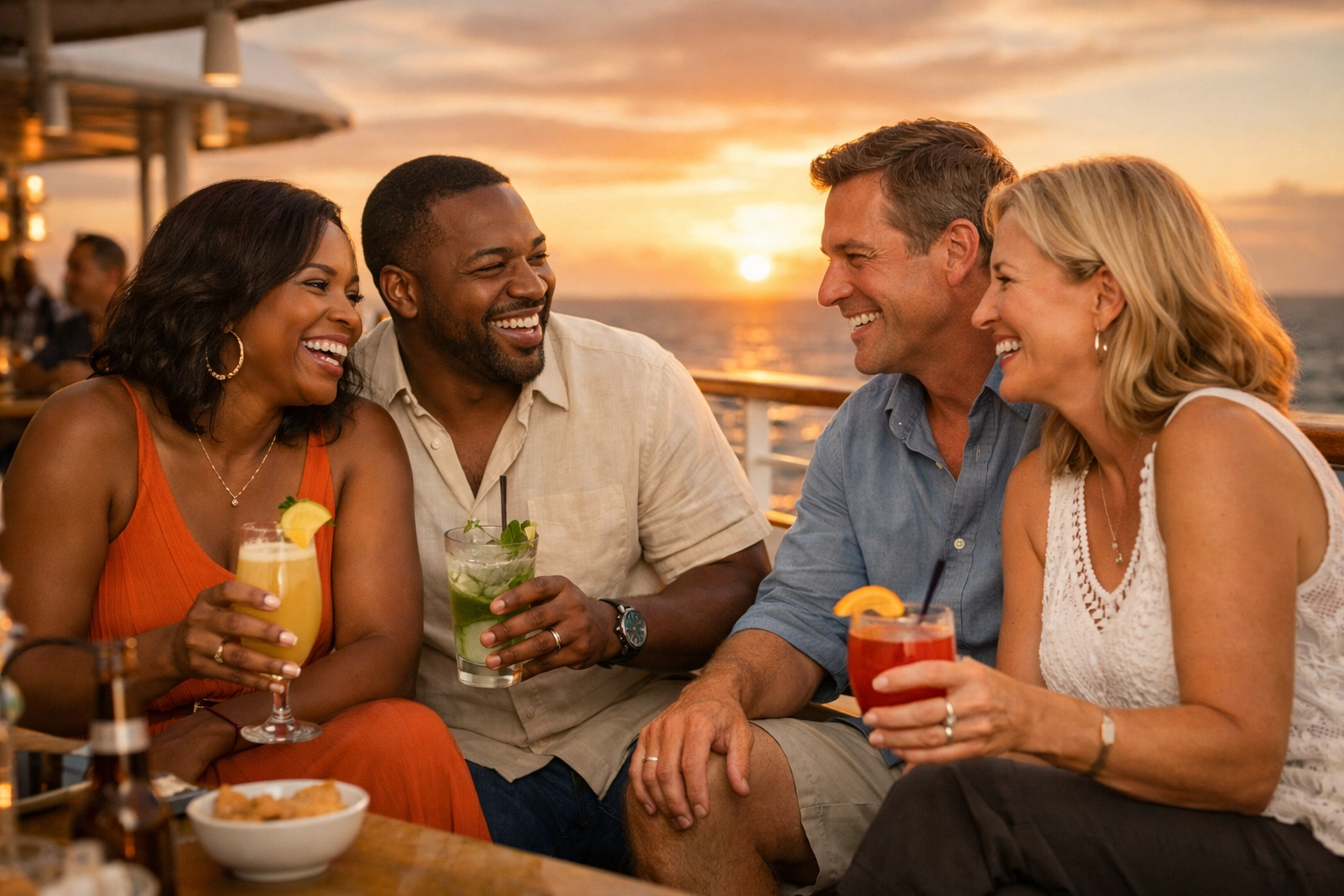 Couples socializing at cruise ship bar making new connections on lifestyle voyage