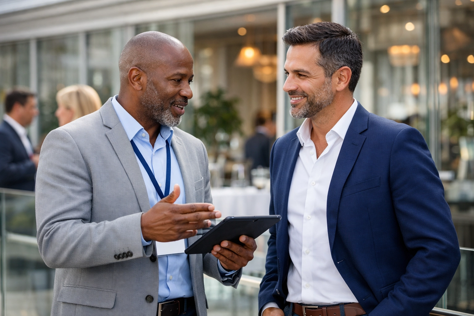 Executives engaged in strategic networking at a Super Bowl event to maximize client engagement ROI.