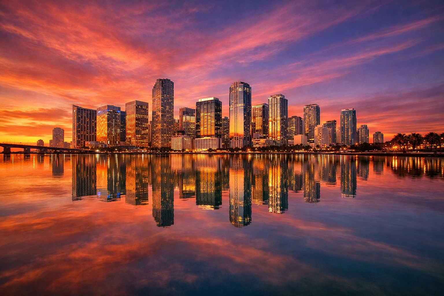 Stunning sunset over the Miami skyline reflected in the water, showcasing professional fine art landscape photography.