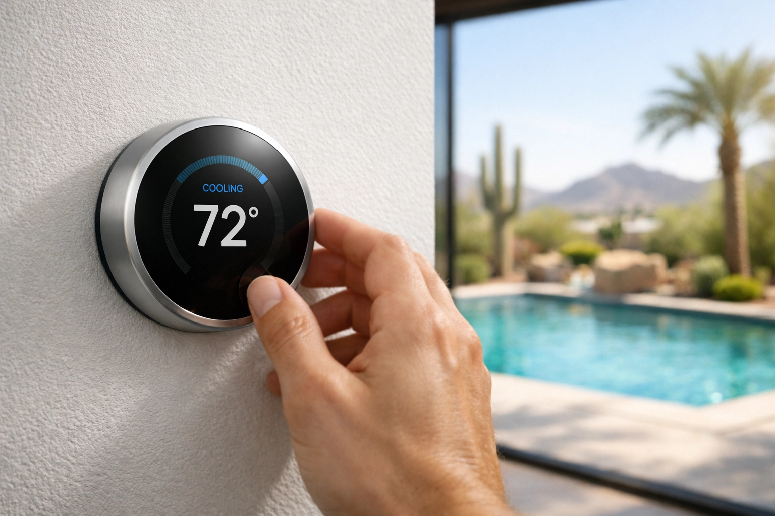 Smart home thermostat in a Phoenix rental property with a backyard pool view, showing proactive maintenance.
