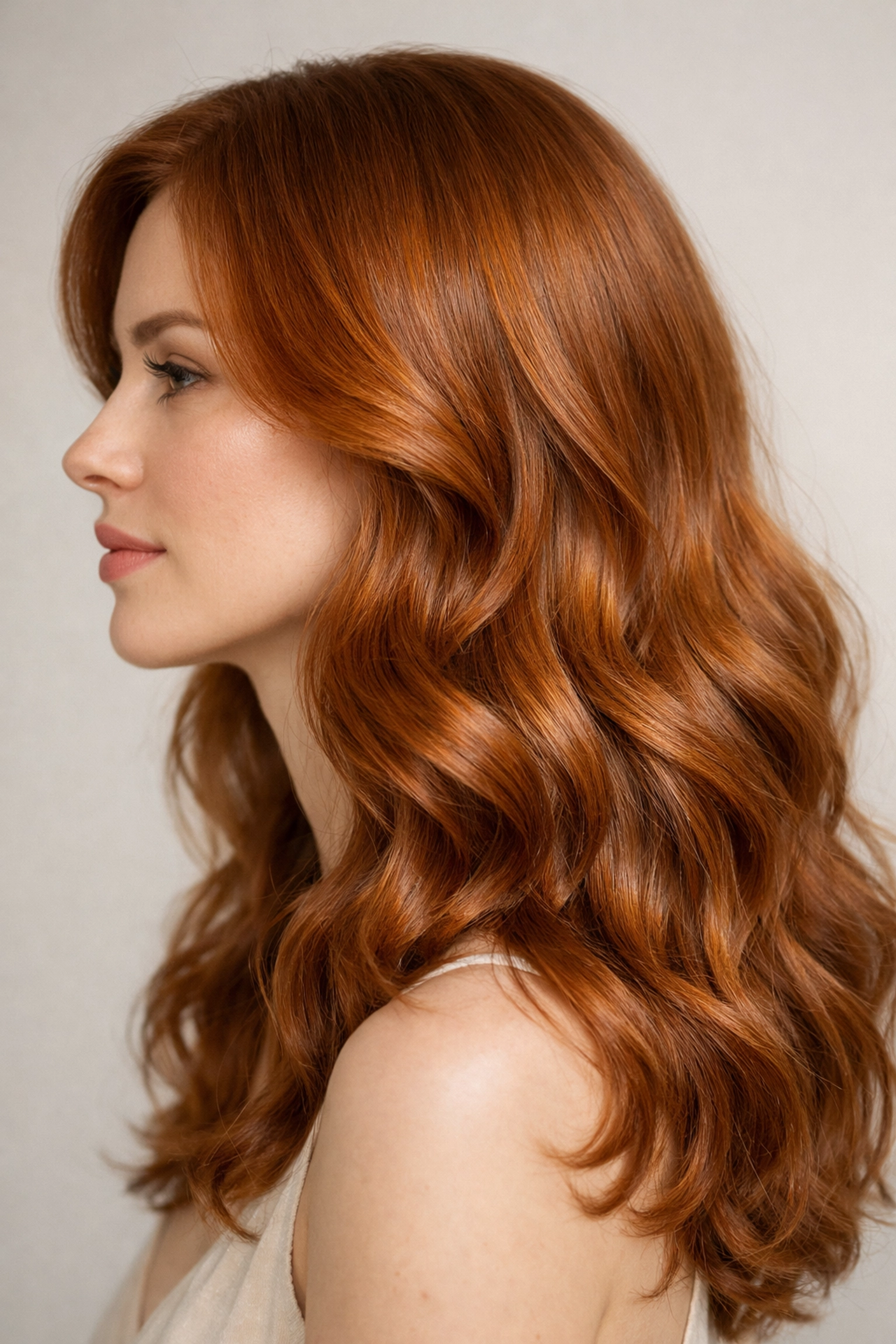 Vibrant copper-red hair transformation with soft waves from a top hair salon in Concord NH.