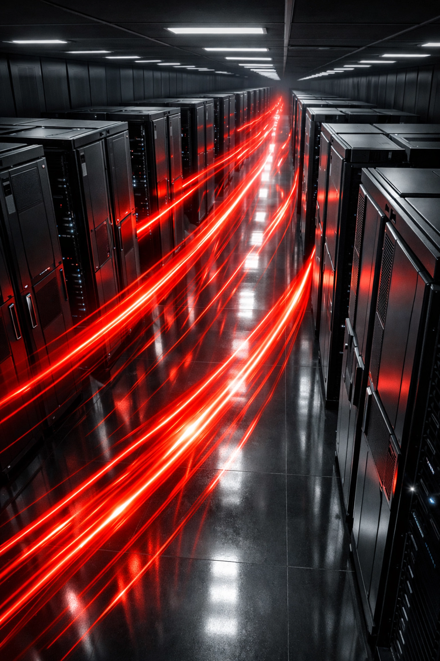 Futuristic server racks with speed lines illustrating lightning-fast website hosting and operational excellence.