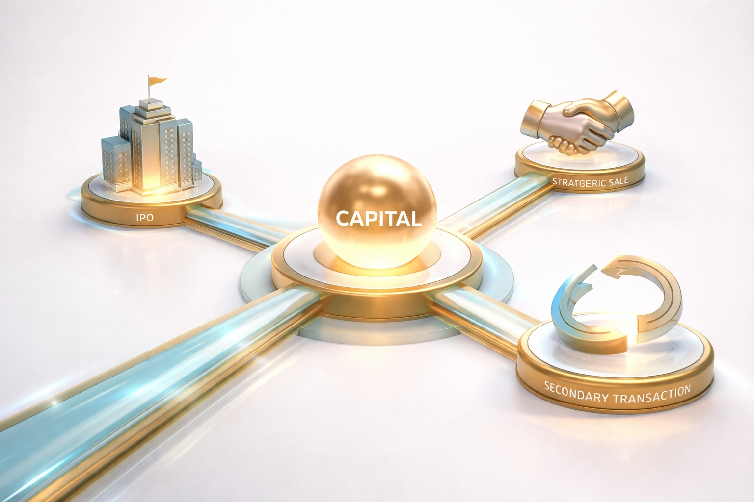 Multiple pathways leading from capital to IPO, strategic sales, and secondary options, illustrating private equity exit strategies