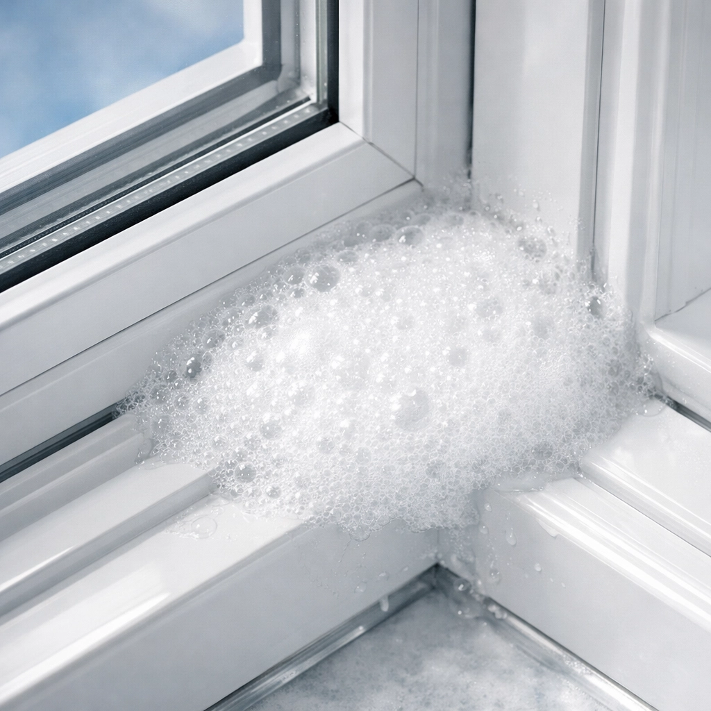 Vinegar and baking soda foam lifting grime from window tracks during a thorough bi weekly house cleaning.