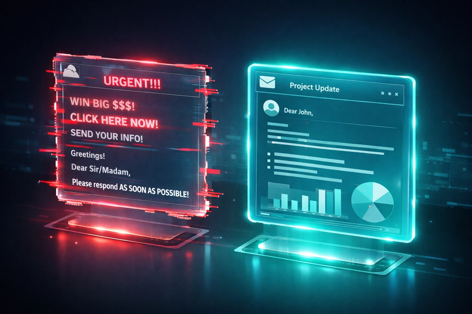 Digital illustration comparing traditional phishing emails with sophisticated, polished AI-powered phishing attacks.