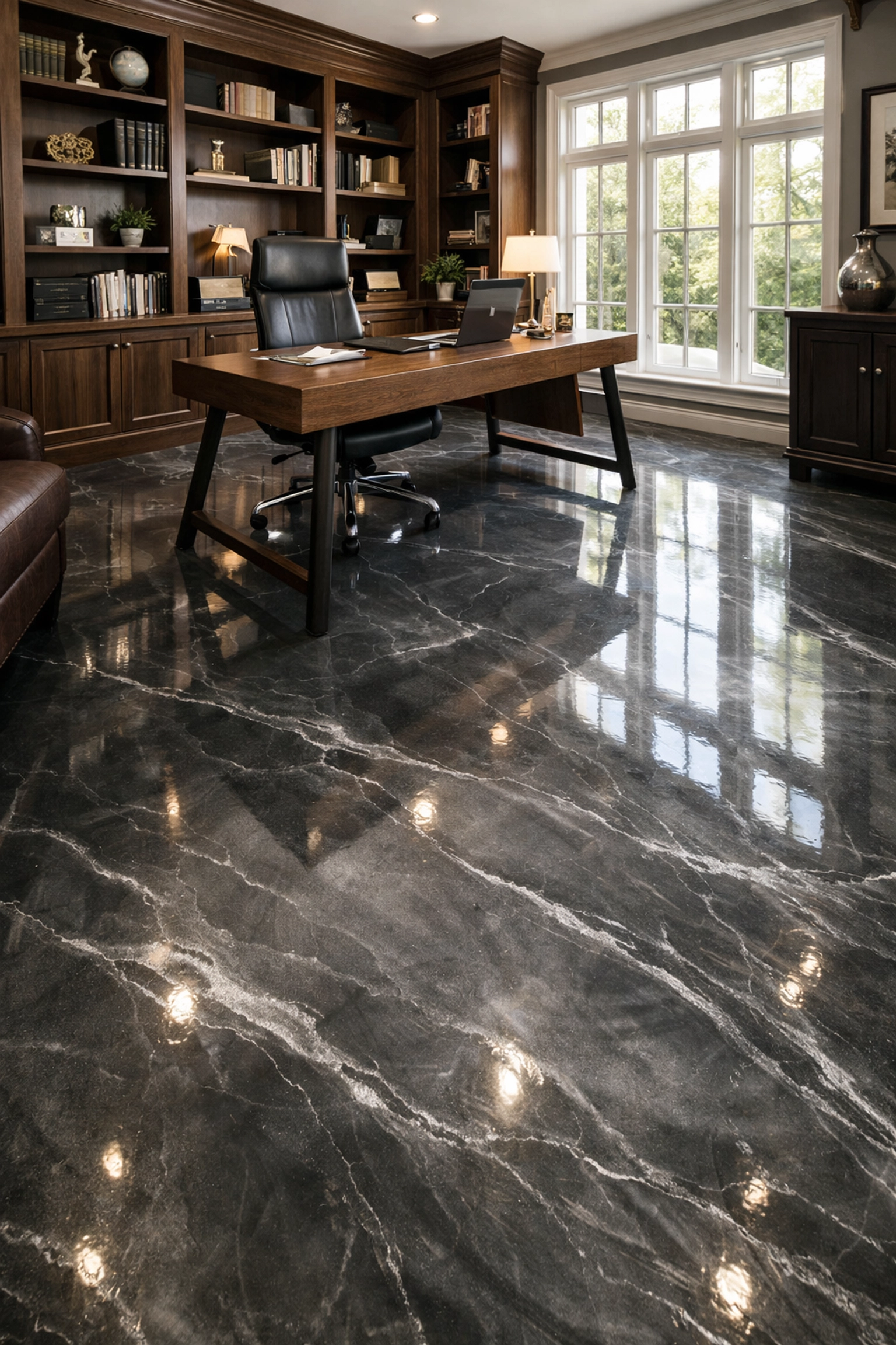 Modern home office with charcoal metallic epoxy floor featuring marble veining