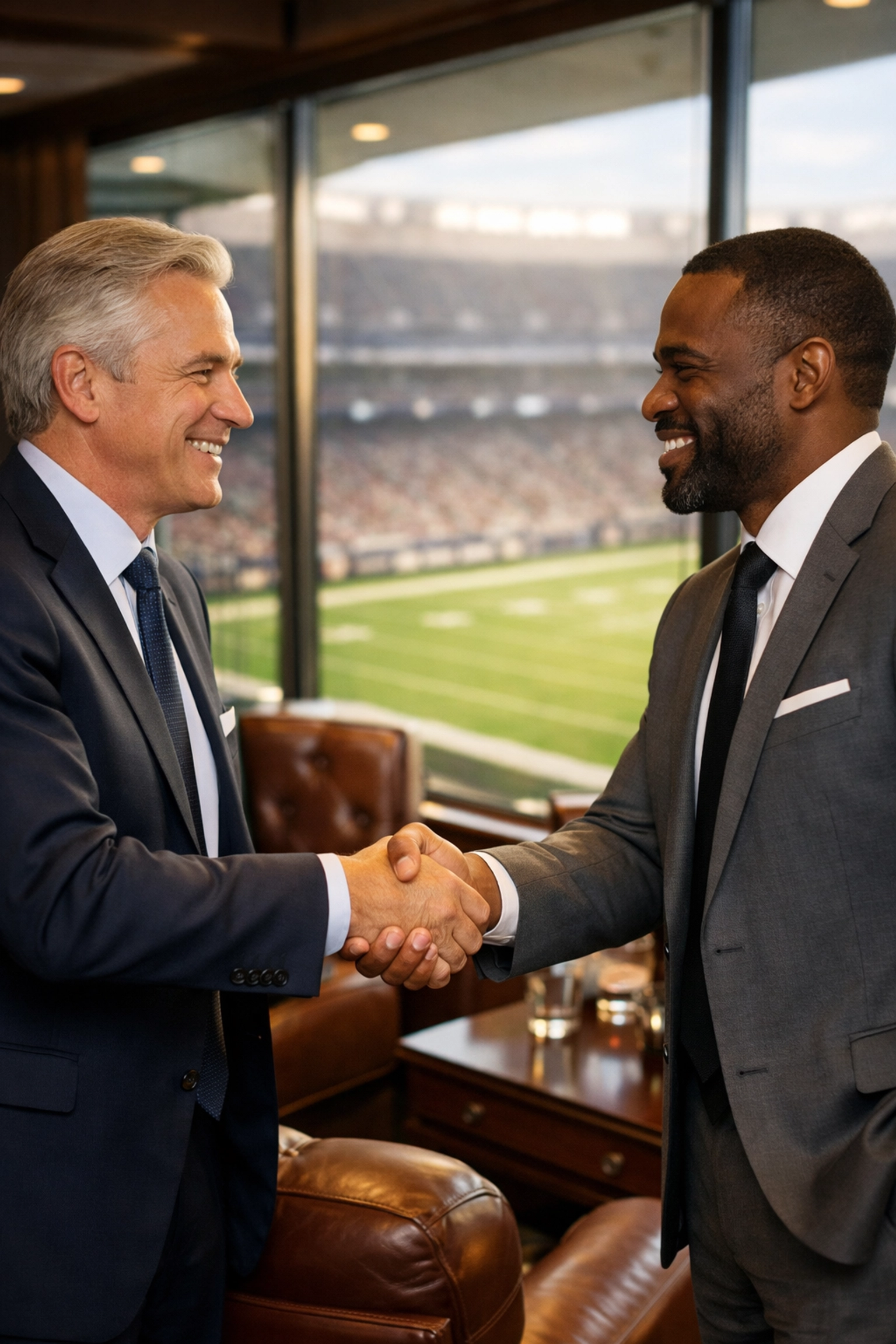 Executives shaking hands in a luxury stadium suite to build trust during Super Bowl networking.