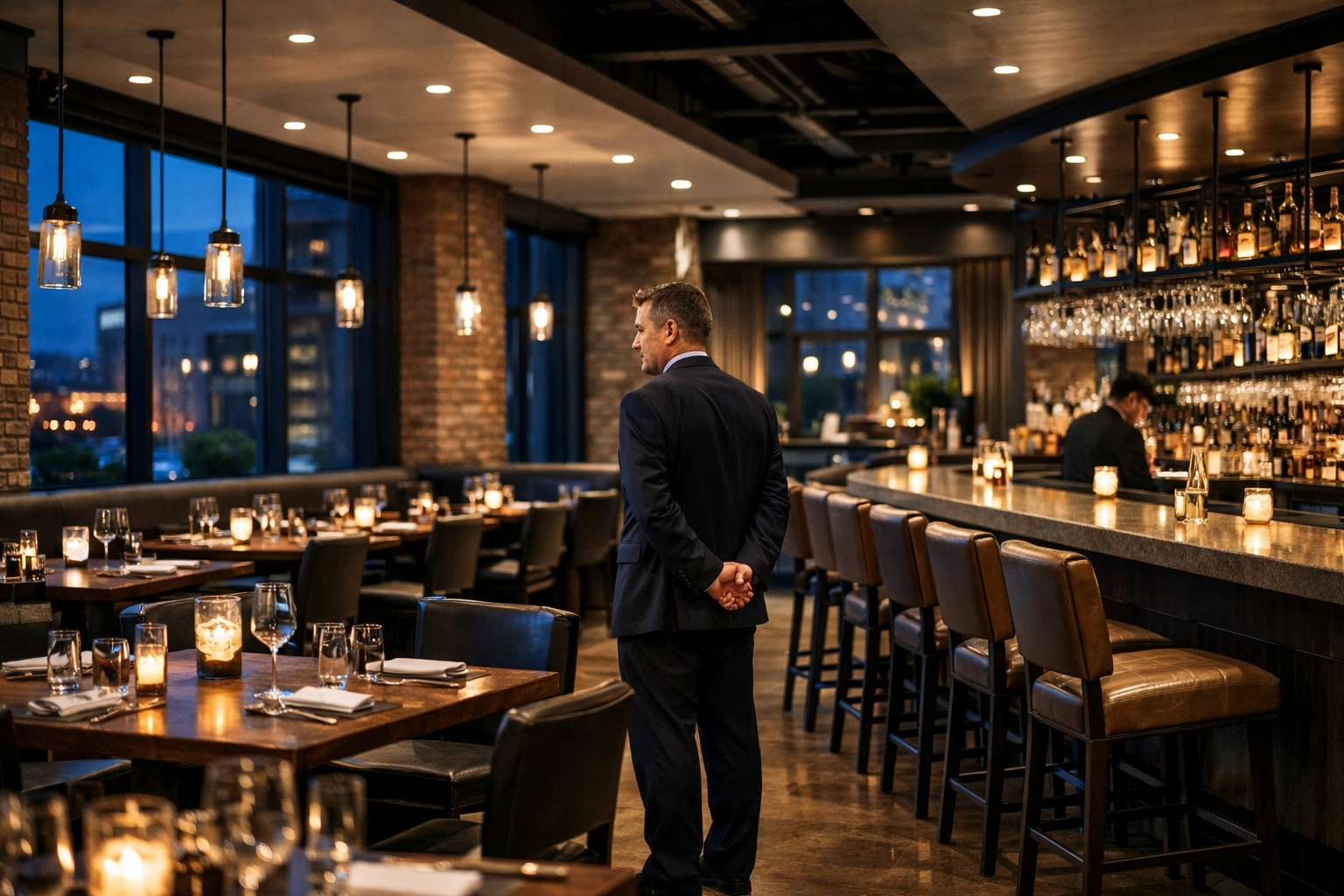 Modern fine dining restaurant interior in Washington representing commercial insurance risk management and safety.